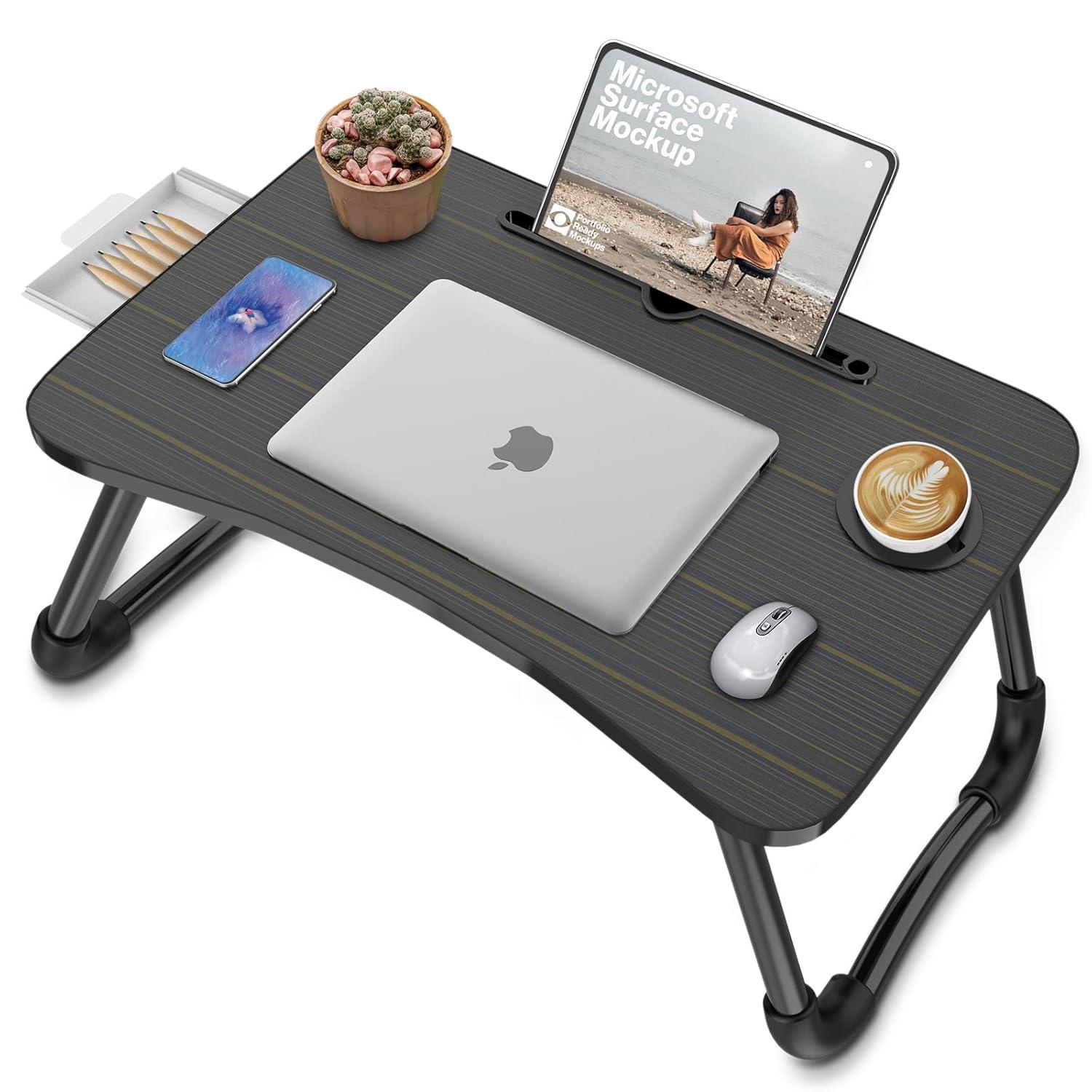 Foldable Laptop Bed Table Multi-function Lap Bed Tray Table with Storage Drawer and Water Bottle Holder, Serving Tray Dining Table with Slot for Eating, Working on Bed/Couch/Sofa (Arc shape)