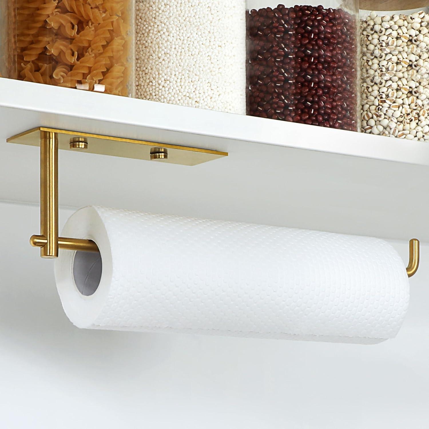 Paper Towel Holder- Self Adhesive or Drilling Gold Stainless Steel Wall Mount Towel Holder