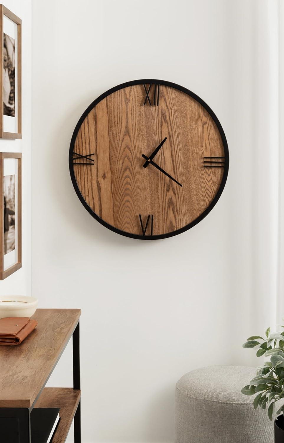 Kate and Laurel Pronte Modern Round Wood and Metal Wall Clock, 22 Inch Diameter, Rustic Brown and Black, Decorative Minimal Clock for Bedroom, Entryway, or Living Room Decor