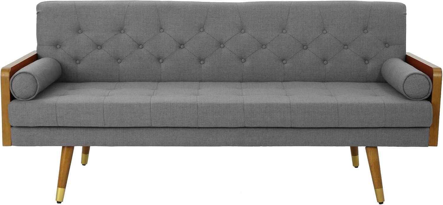 GDFStudio Aidan Mid Century Modern 72.25" Tufted Upholstered 3 Seater Sofa,Gray/Dark Walnut/Gold