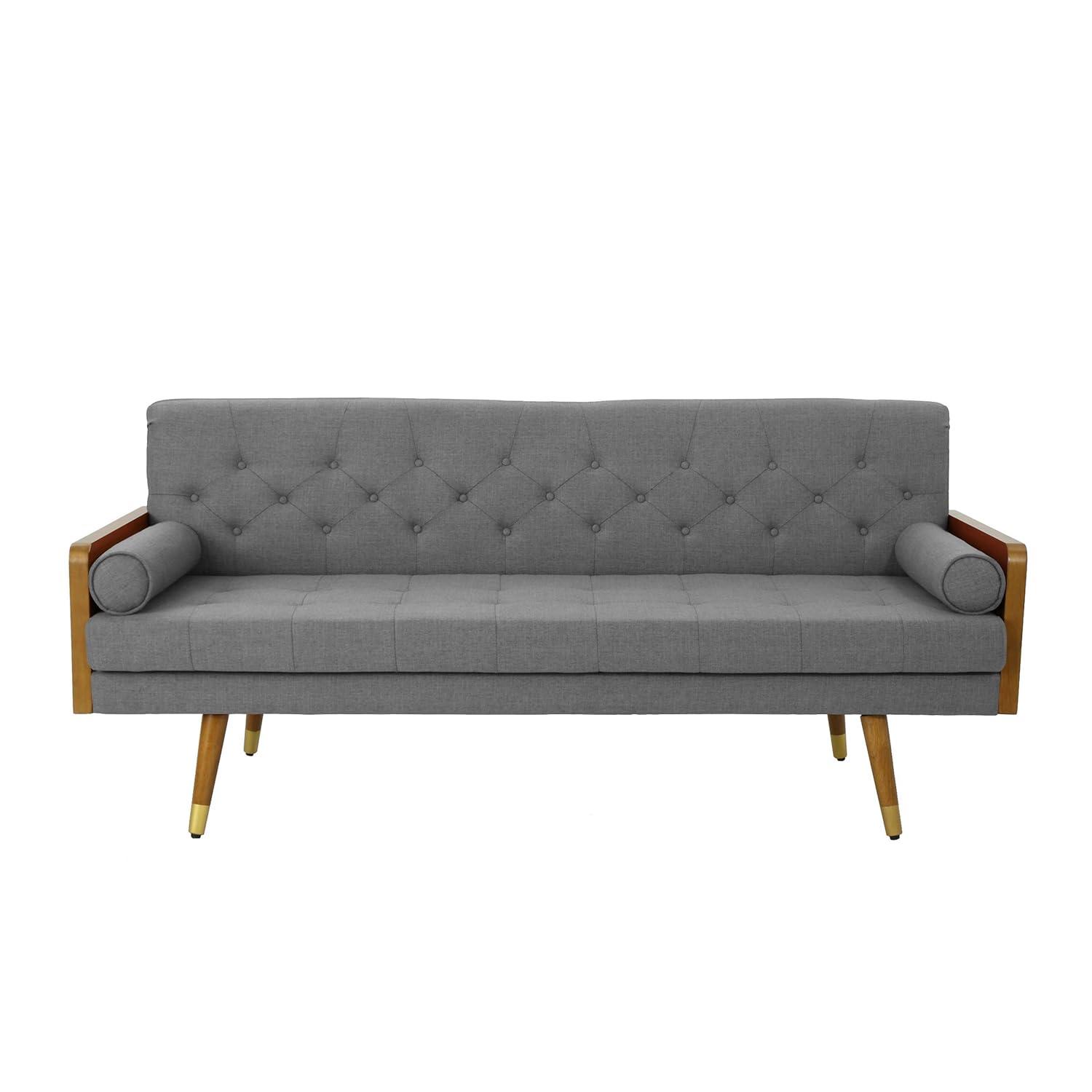 GDFStudio Aidan Mid Century Modern 72.25" Tufted Upholstered 3 Seater Sofa,Gray/Dark Walnut/Gold