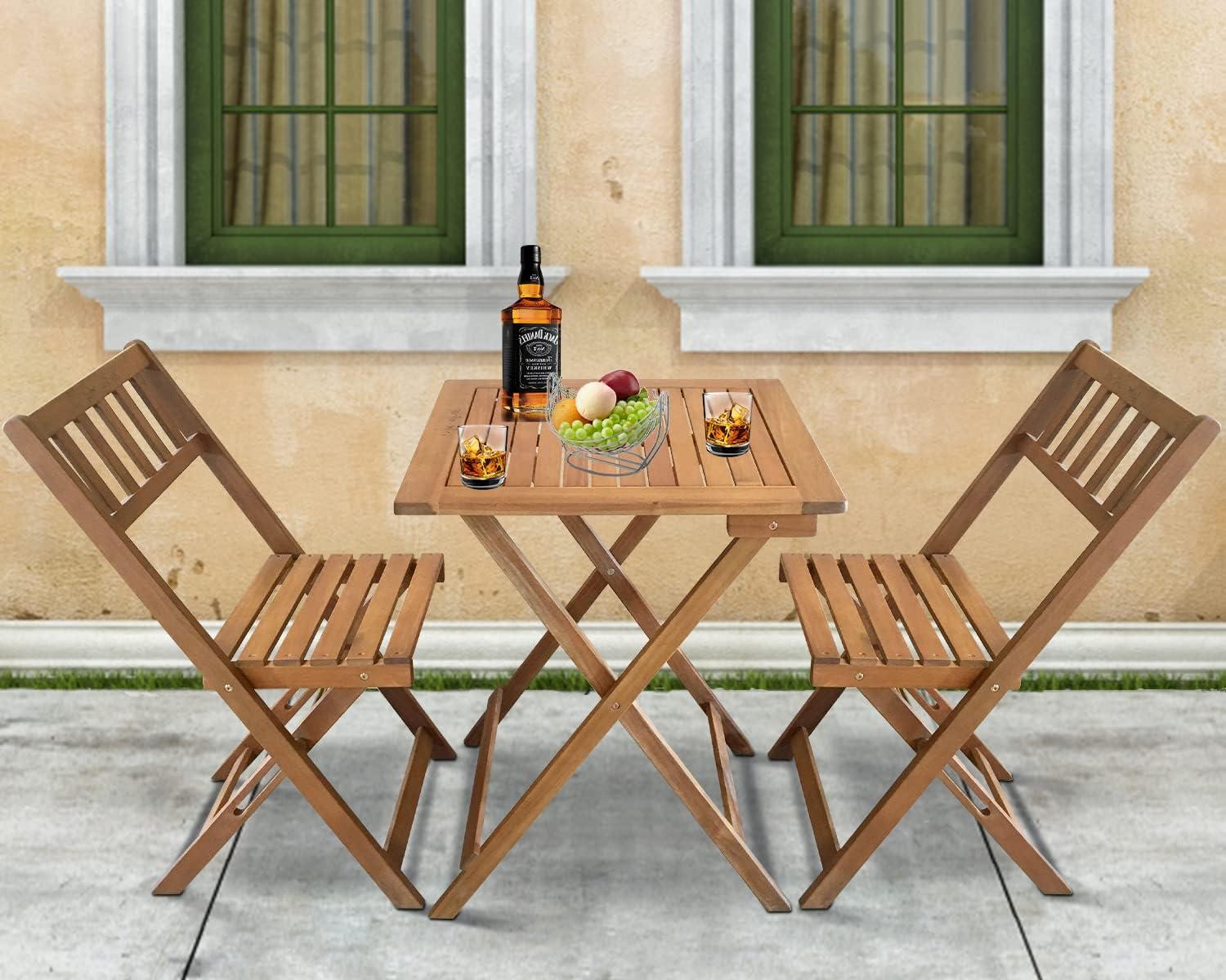 FDW Outdoor Bistro Set with 2 Chairs and Square Table for Pool Beach Backyard Balcony Porch Deck Garden Wooden Furniture, Natural