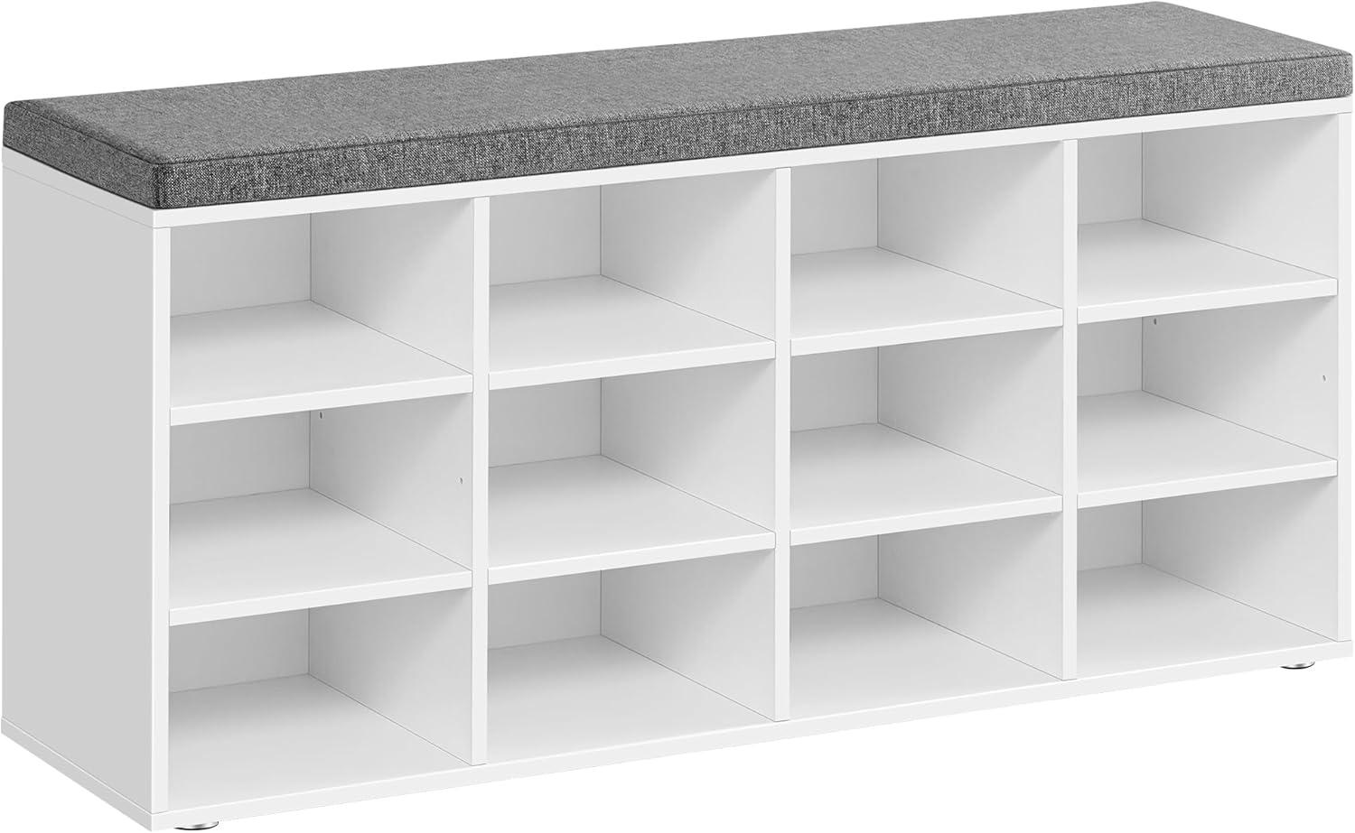 White and Gray Storage Bench with Padded Seat and 12 Compartments