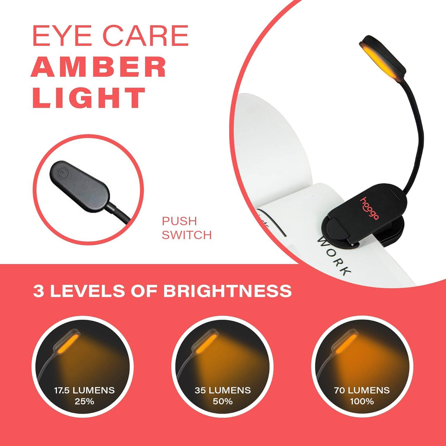 Hooga Book Light, Rechargeable Amber Dual Day and Night Modes, Amber 1600K Warm LEDs and 4000K White Light. Blue Blocking LEDs Prevent Eye Strain. Extra Long Battery Life.