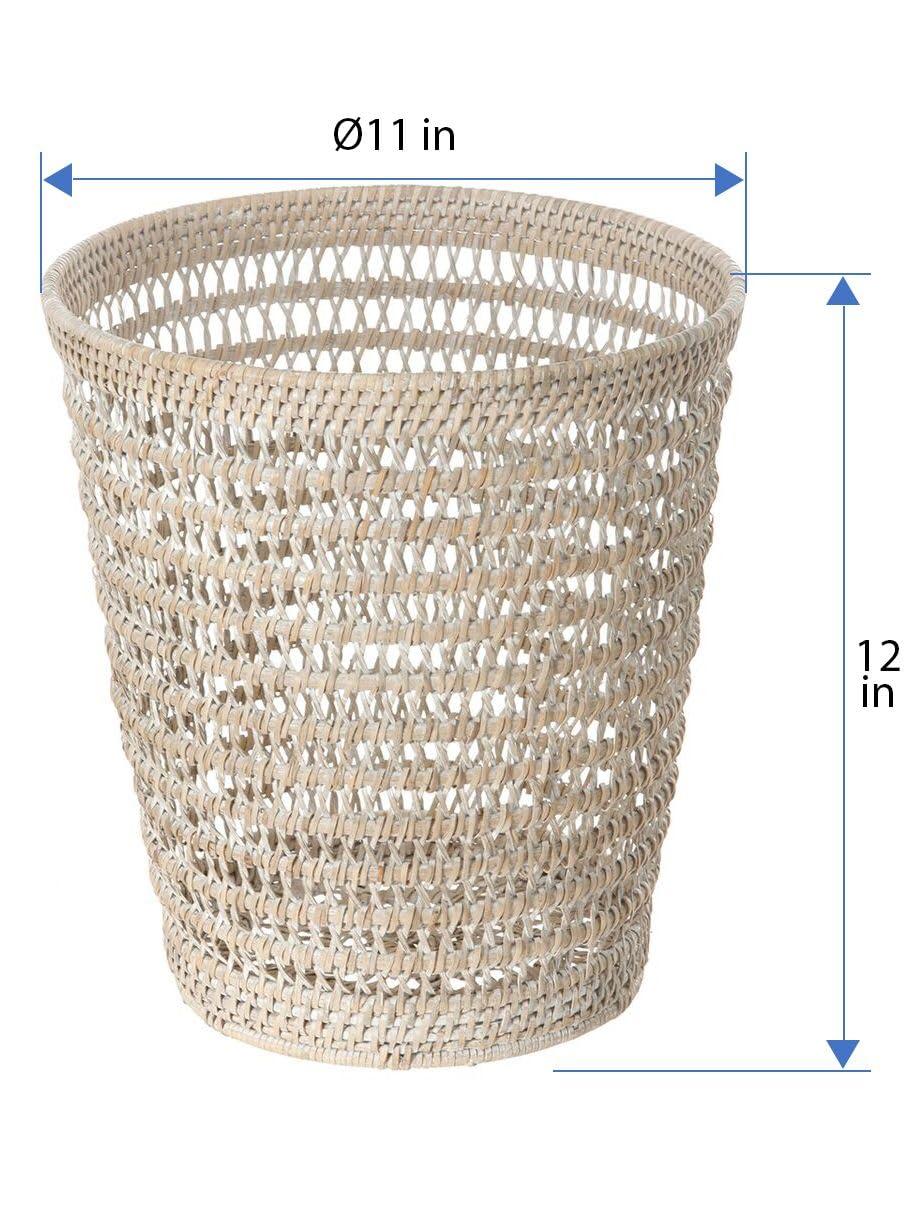 White Wash Rattan Mesh Round Waste Basket with Liner