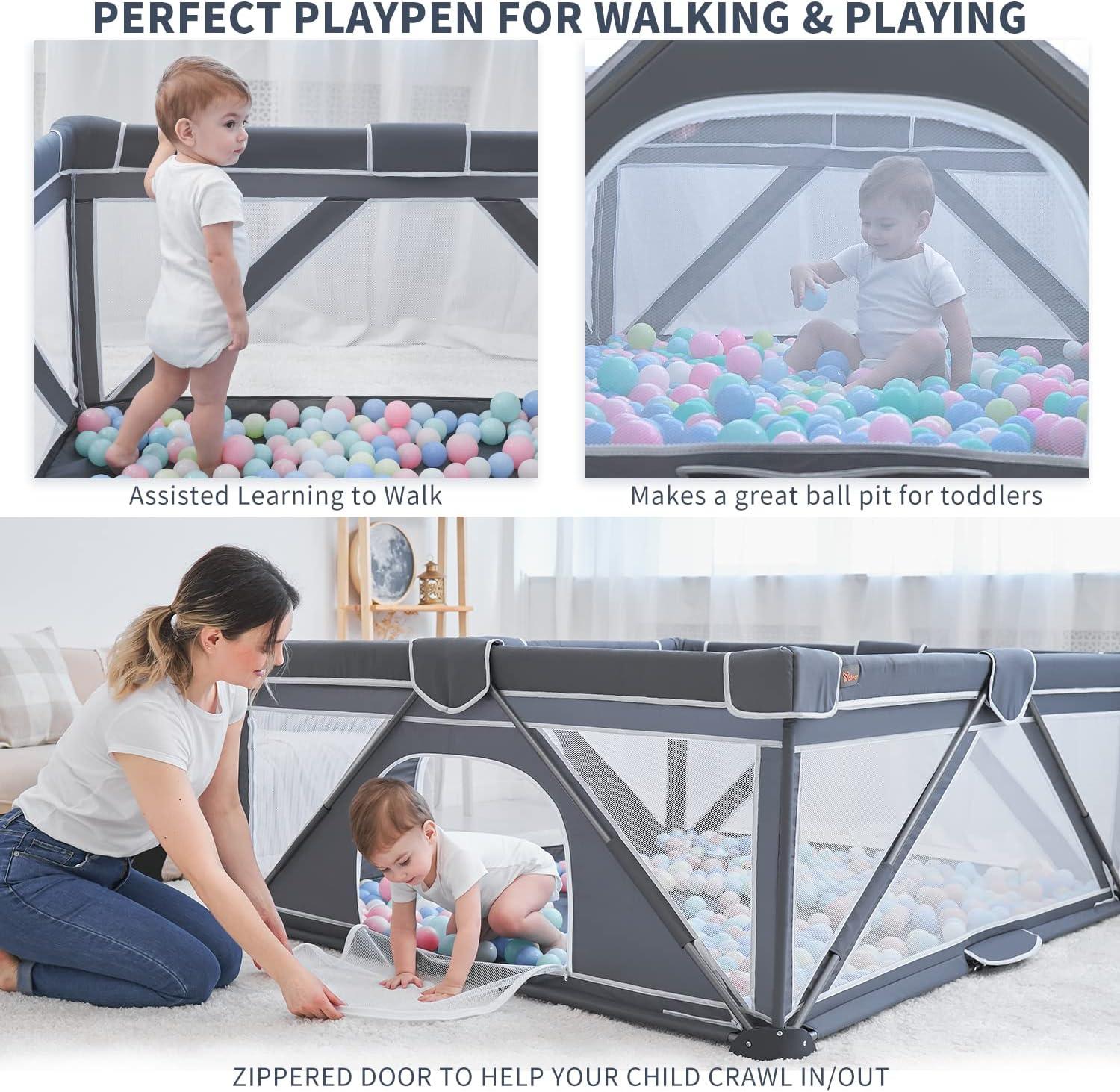 Yobear Foldable Baby Playpen, Yobear Playpen For Babies And Toddlers With 50 Pcs Ocean Balls & 2 Handles, Indoor & Outdoor Kids Safety Play Pen Area, Portable Travel Play Yard