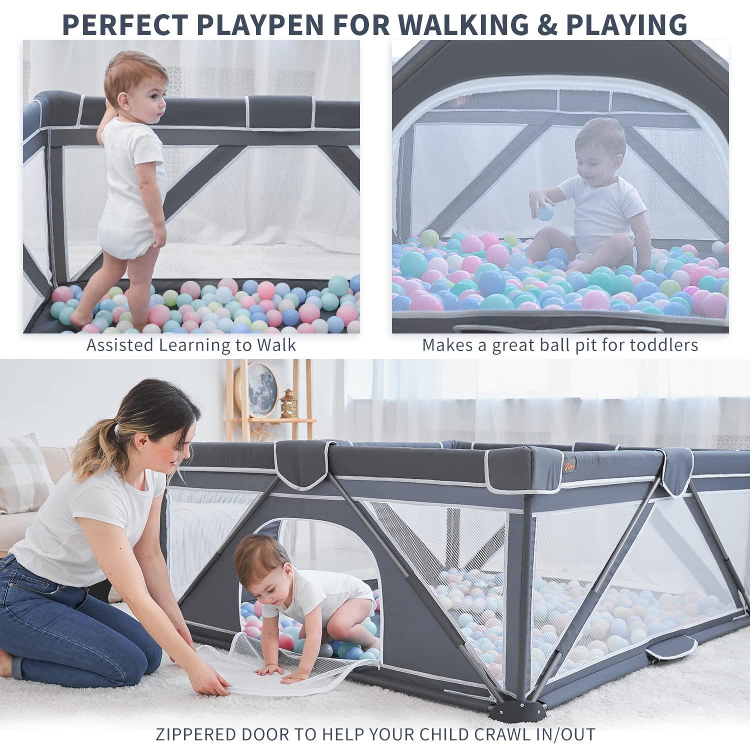 Yobear Foldable Baby Playpen, Yobear Playpen For Babies And Toddlers With 50 Pcs Ocean Balls & 2 Handles, Indoor & Outdoor Kids Safety Play Pen Area, Portable Travel Play Yard