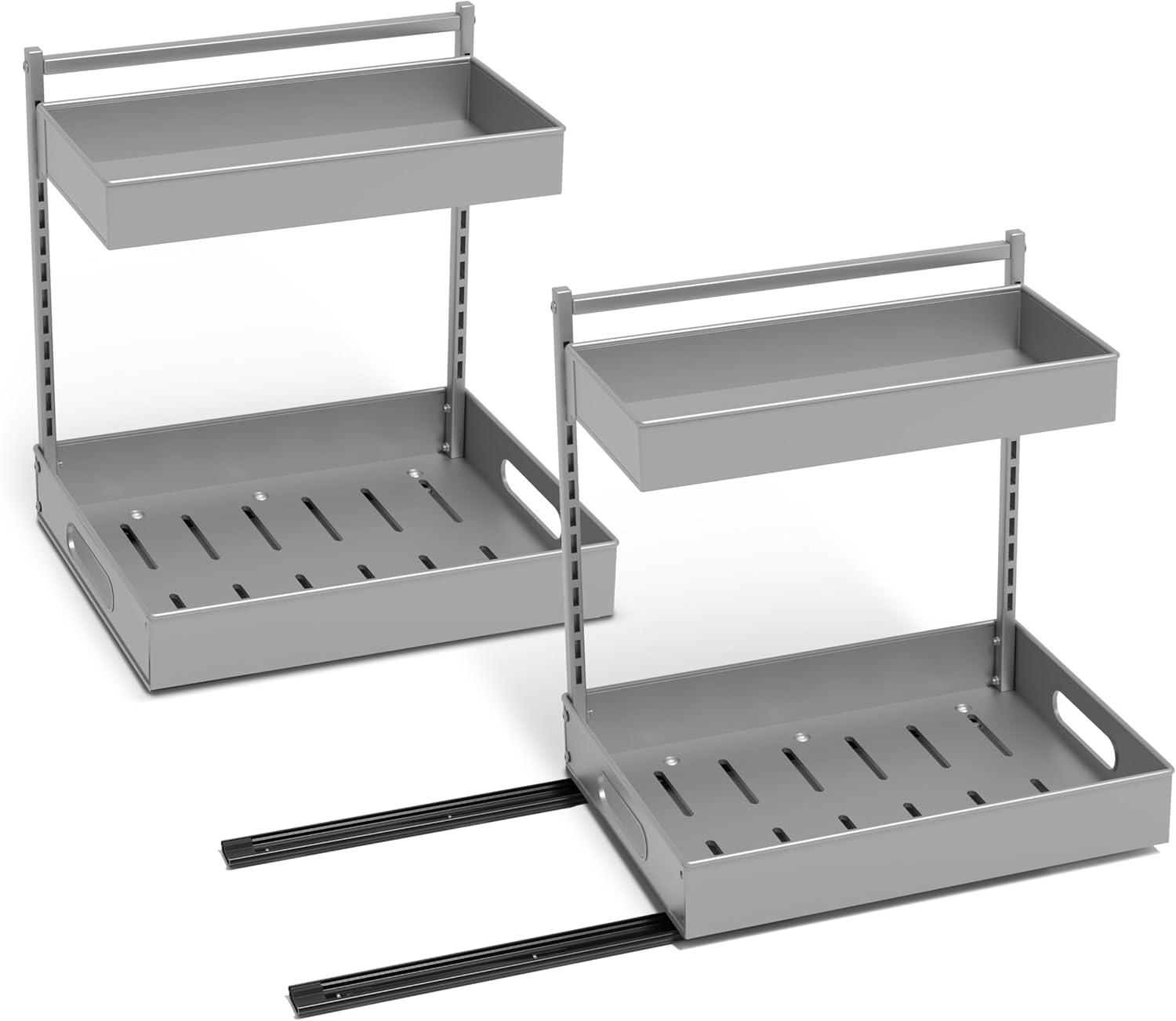Sorbus Sorbus Under Sink Organizer with Sliding Tracks and Adhesive Tape - 2-Tier Pull-Out Storage Rack for Kitchen and Bathroom - No Drill Under Sink Organization Storage Cabinet Shelf, Set of 2