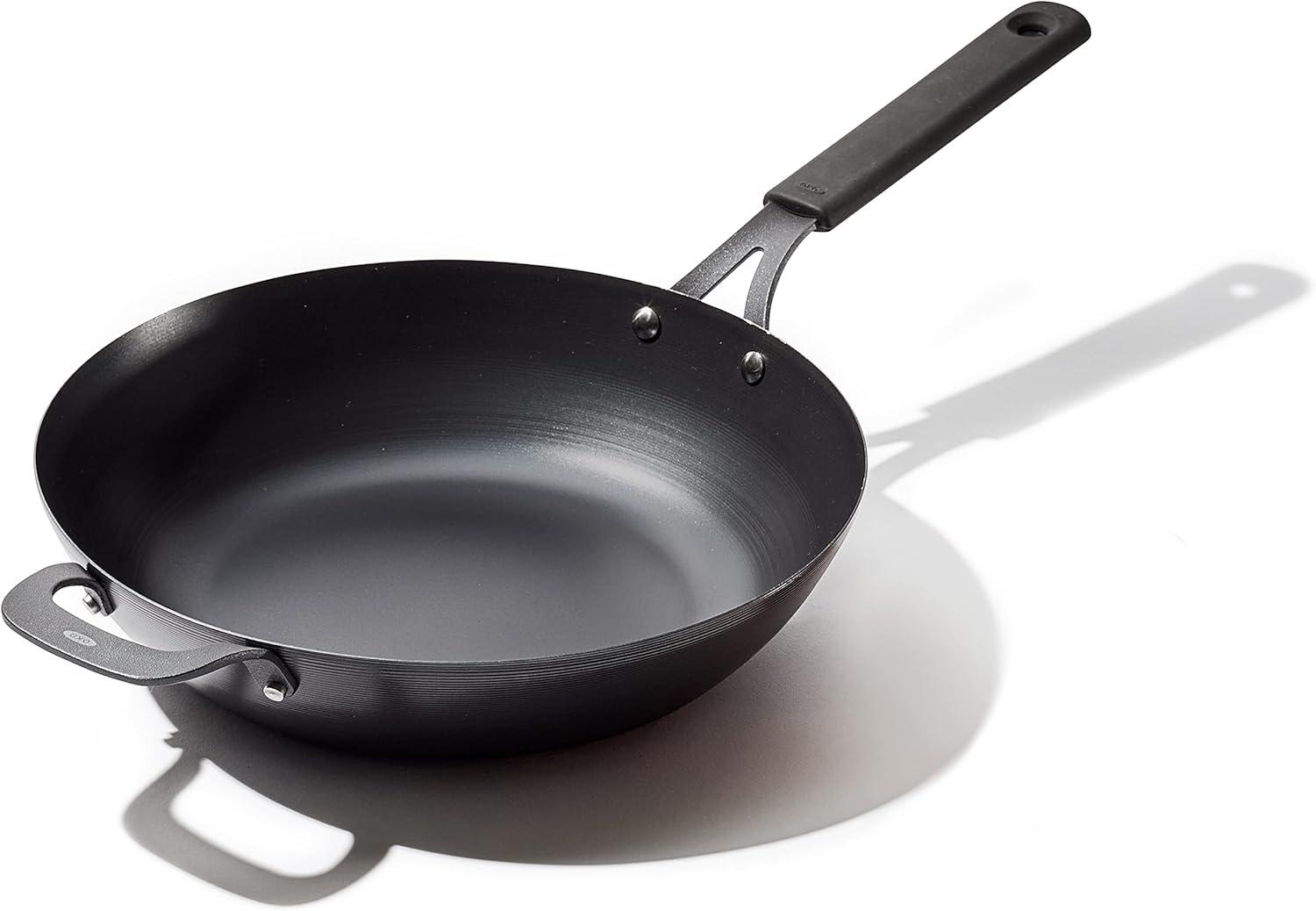 OXO 12" Steel Open Wok with Silicone Sleeve Black: Carbon Steel Pan, 12 Inch, Induction & Gas Compatible, Hand Wash