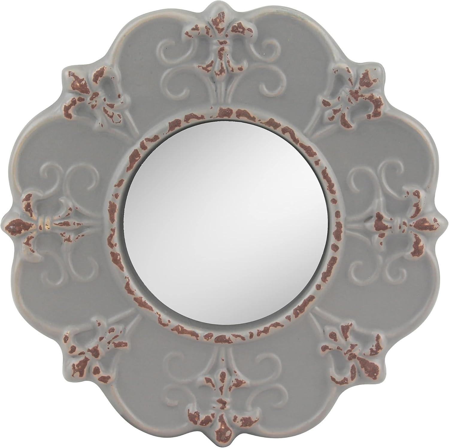 Stonebriar 8" Round Light Gray Ceramic Accent Wall Mirror with Attached Hanging Loop, Decorative Vintage Decor for the Living Room, Bedroom, Hallway, and Entryway