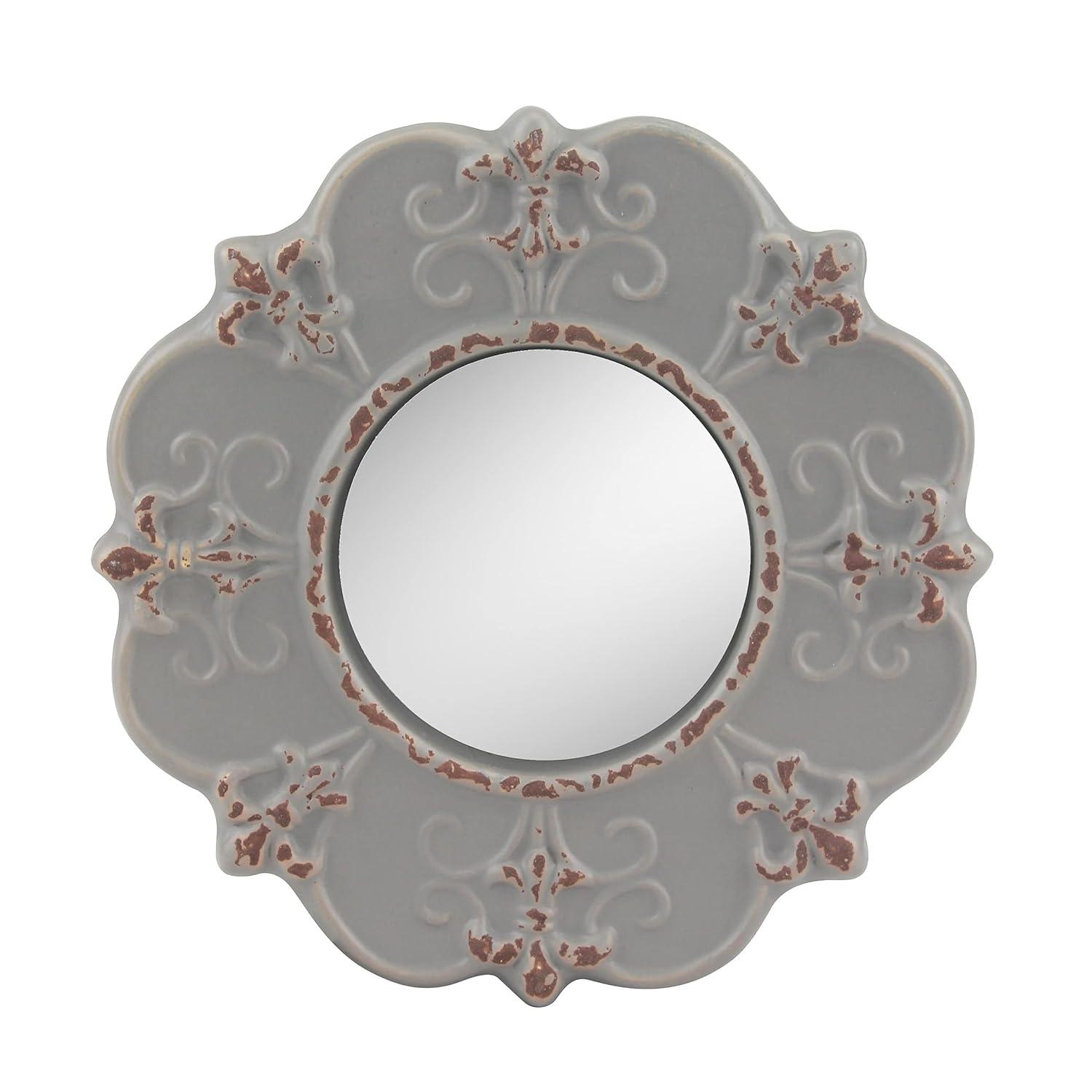 Stonebriar 8" Round Light Gray Ceramic Accent Wall Mirror with Attached Hanging Loop, Decorative Vintage Decor for the Living Room, Bedroom, Hallway, and Entryway
