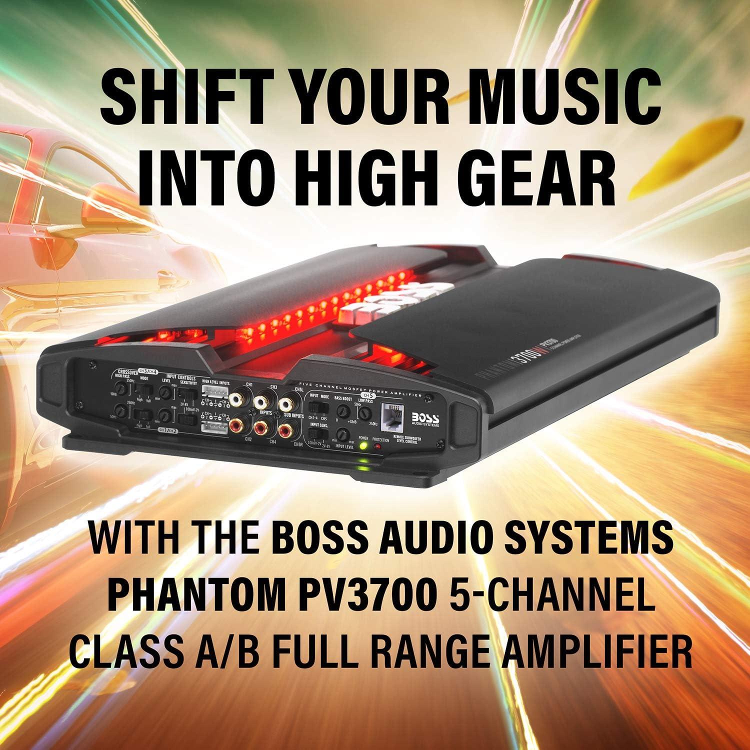 BOSS Audio Systems PV3700 Phantom Series 5 Channel Class A/B Car Amplifier – 3700 High Output, 2-8 Ohm Stable, Low/High Level Inputs, High/Low Pass Crossover, MOSFET, Hook up to Subwoofer for Bass