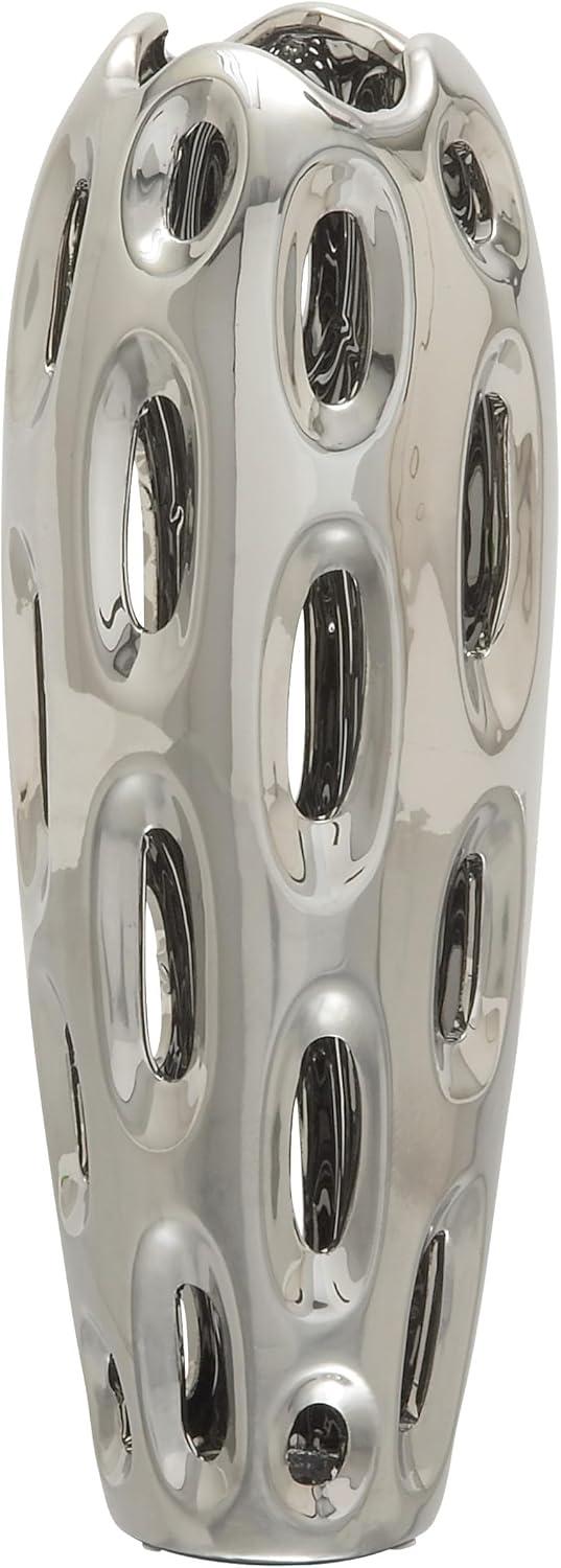 DecMode 16" Silver Ceramic Vase with Cut Out Designs