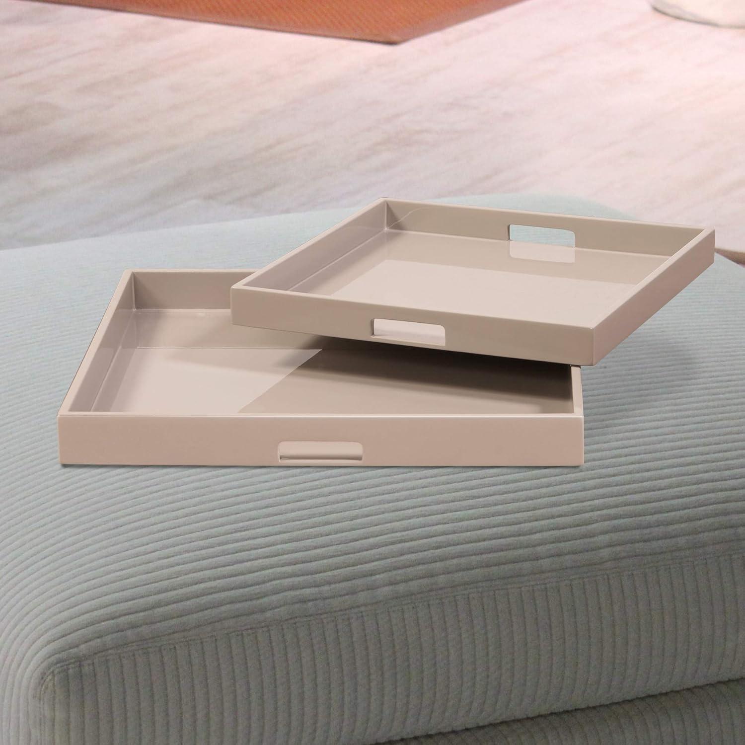 Taupe Glossy Lacquer Square Wood Tray Set of 2