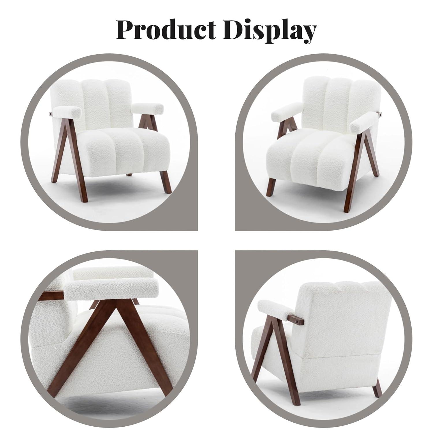 Mid Century Modern Accent Chair with Solid Wood Frame, Boucle Upholstered Living Room Chairs with Thick Cushion, Comfy Tufted Arm Chair for Bedroom, Ivory