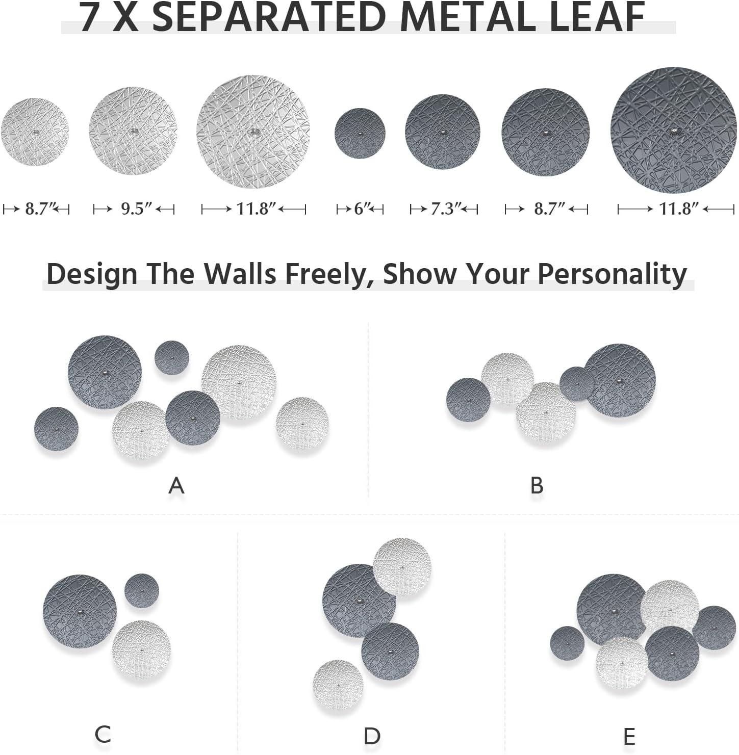 Silver And Grey Wall Decor For Living Room, 7PCS Metal Wall Art Hanging Sculptures For Office Dining Room Decoration, Modern Silver Home Decor For Apartment Bedroom New Home Gift