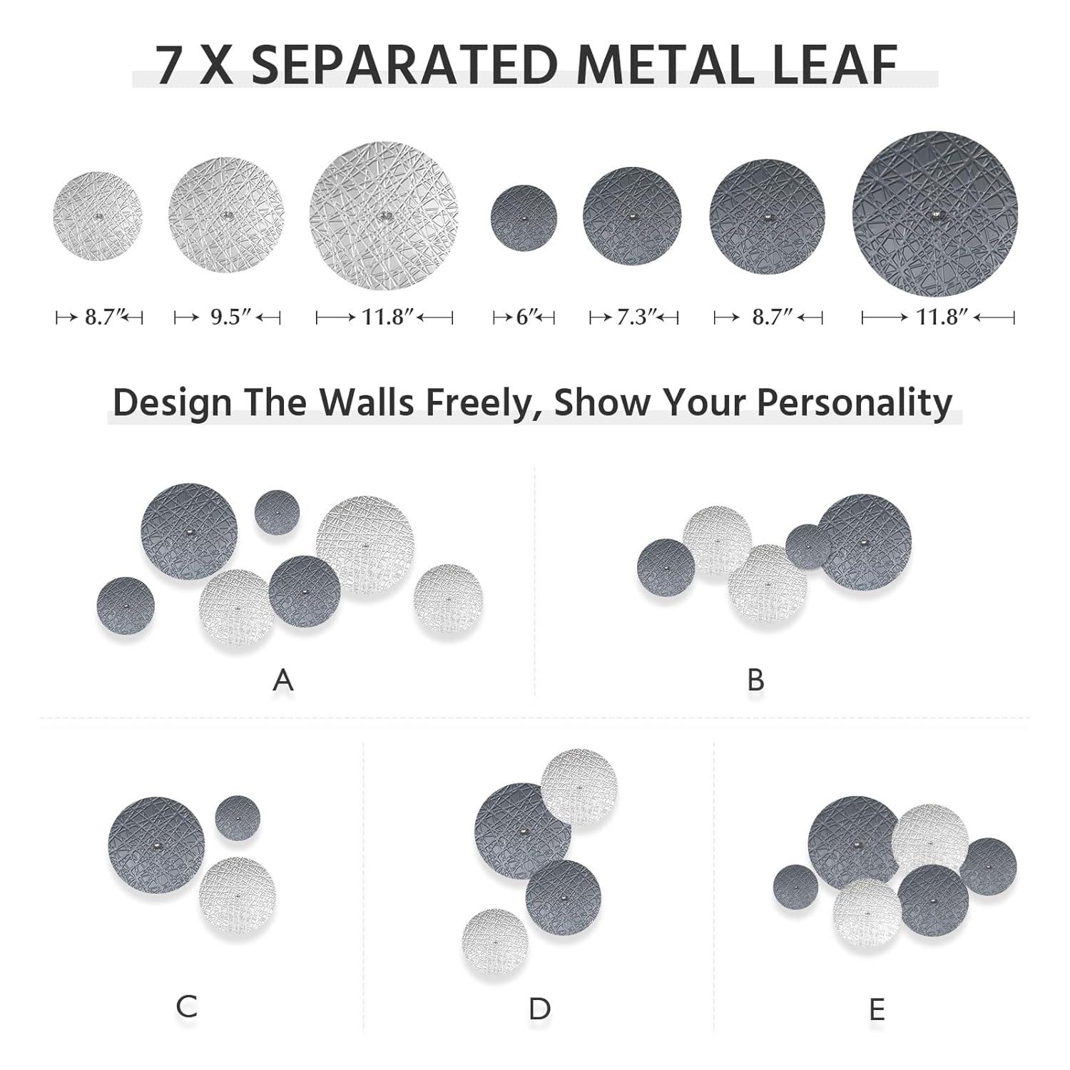 Silver And Grey Wall Decor For Living Room, 7PCS Metal Wall Art Hanging Sculptures For Office Dining Room Decoration, Modern Silver Home Decor For Apartment Bedroom New Home Gift