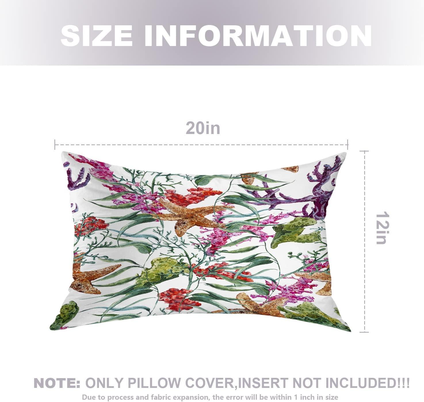 Coral Nautical Pillow Covers, Watercolor Sea Life Pattern with Seaweed Starfish Lumbar 12 x 20 Inches Decorative Throw Pillow Covers Cotton Cushion for Sofa Bedroom Car, Blue 04, Set of 2