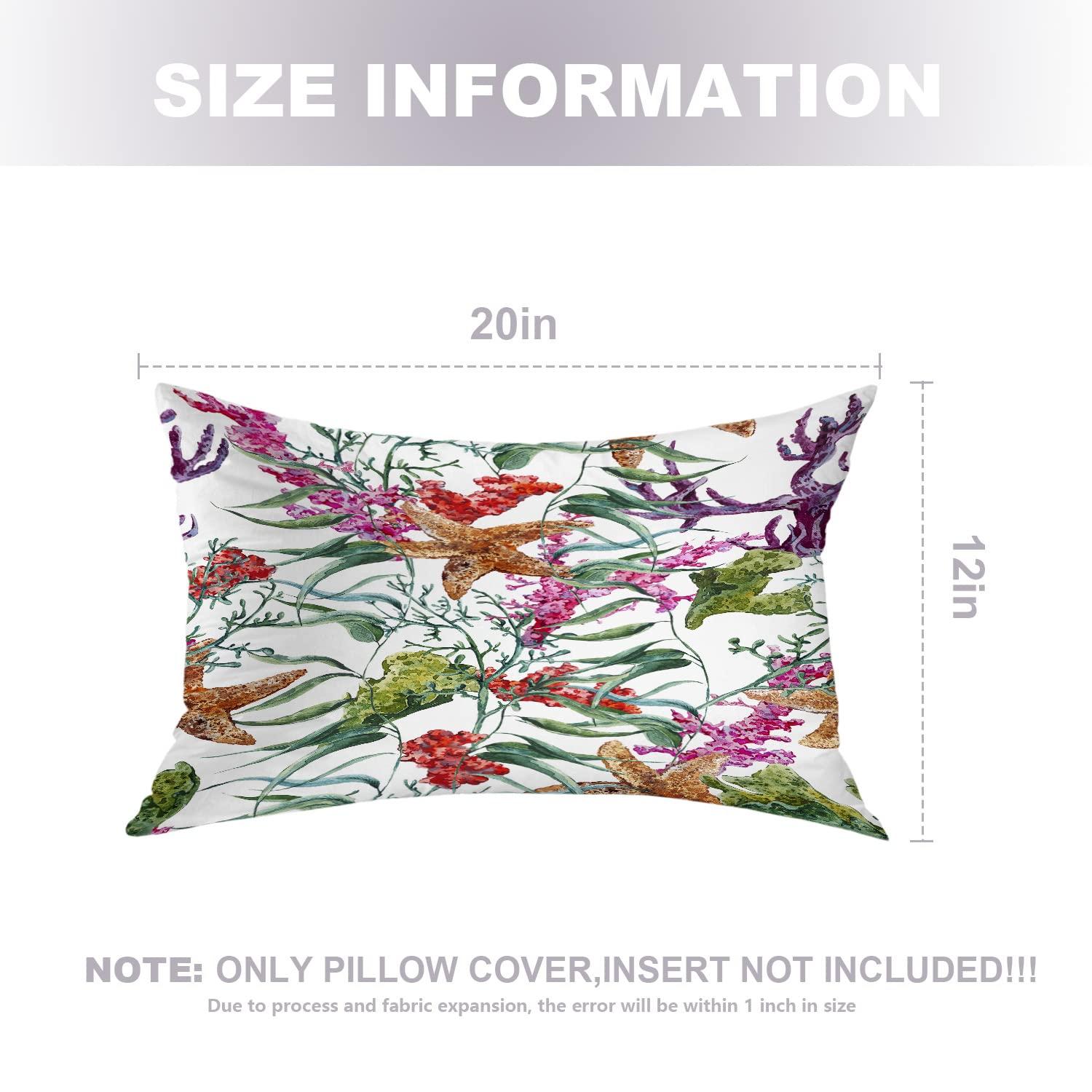 Coral Nautical Pillow Covers, Watercolor Sea Life Pattern with Seaweed Starfish Lumbar 12 x 20 Inches Decorative Throw Pillow Covers Cotton Cushion for Sofa Bedroom Car, Blue 04, Set of 2