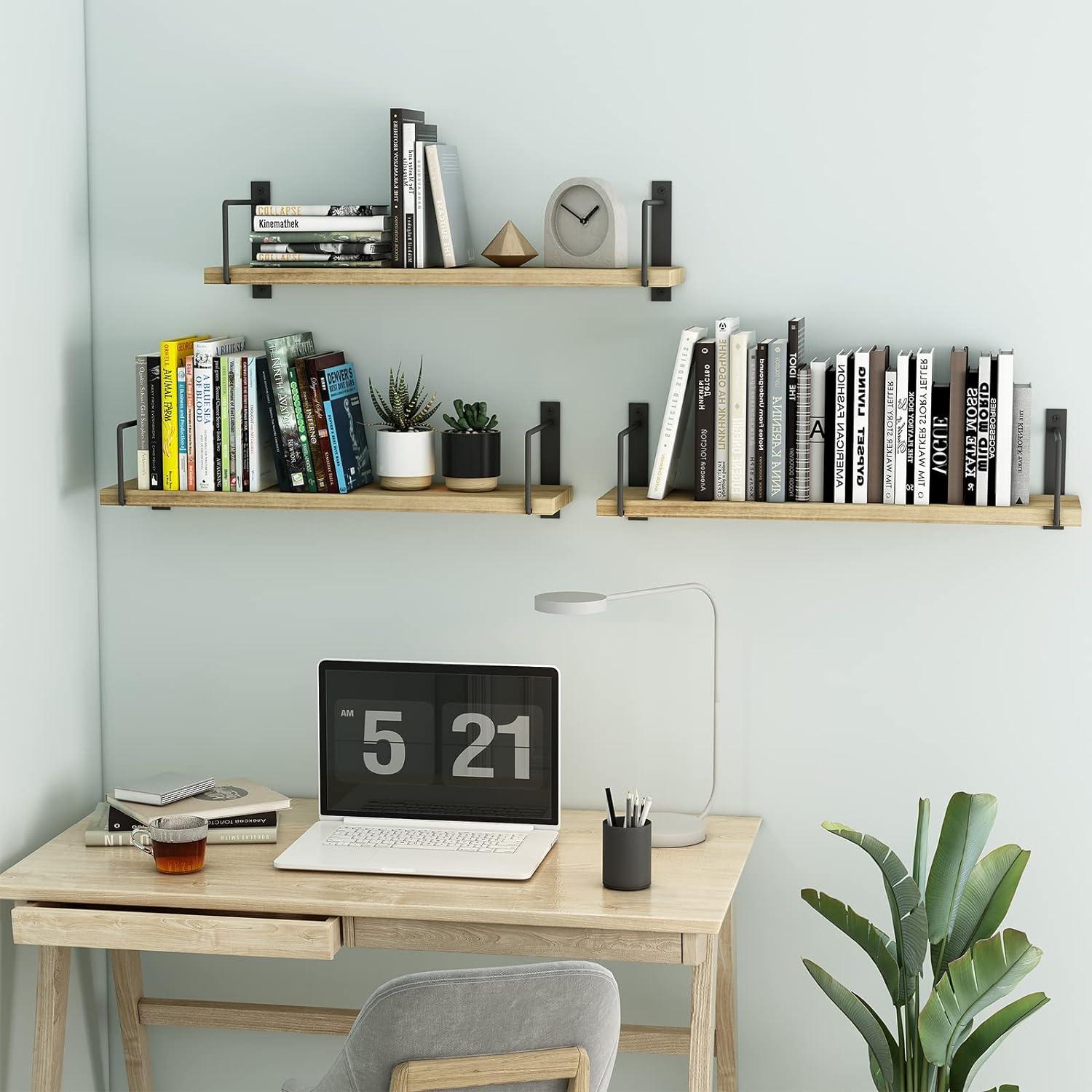 24-Inch Rustic Light Brown Wood Floating Shelves with Black Metal Brackets, Set of 3