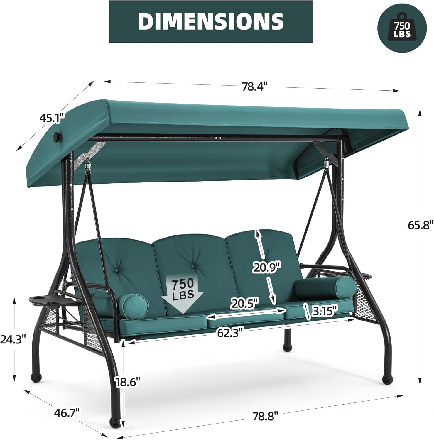 Green 3-Seat Outdoor Porch Swing with Adjustable Canopy