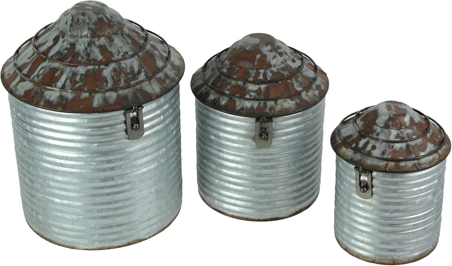 Set of 3 Grey Galvanized Metal Farmhouse Silo Canisters