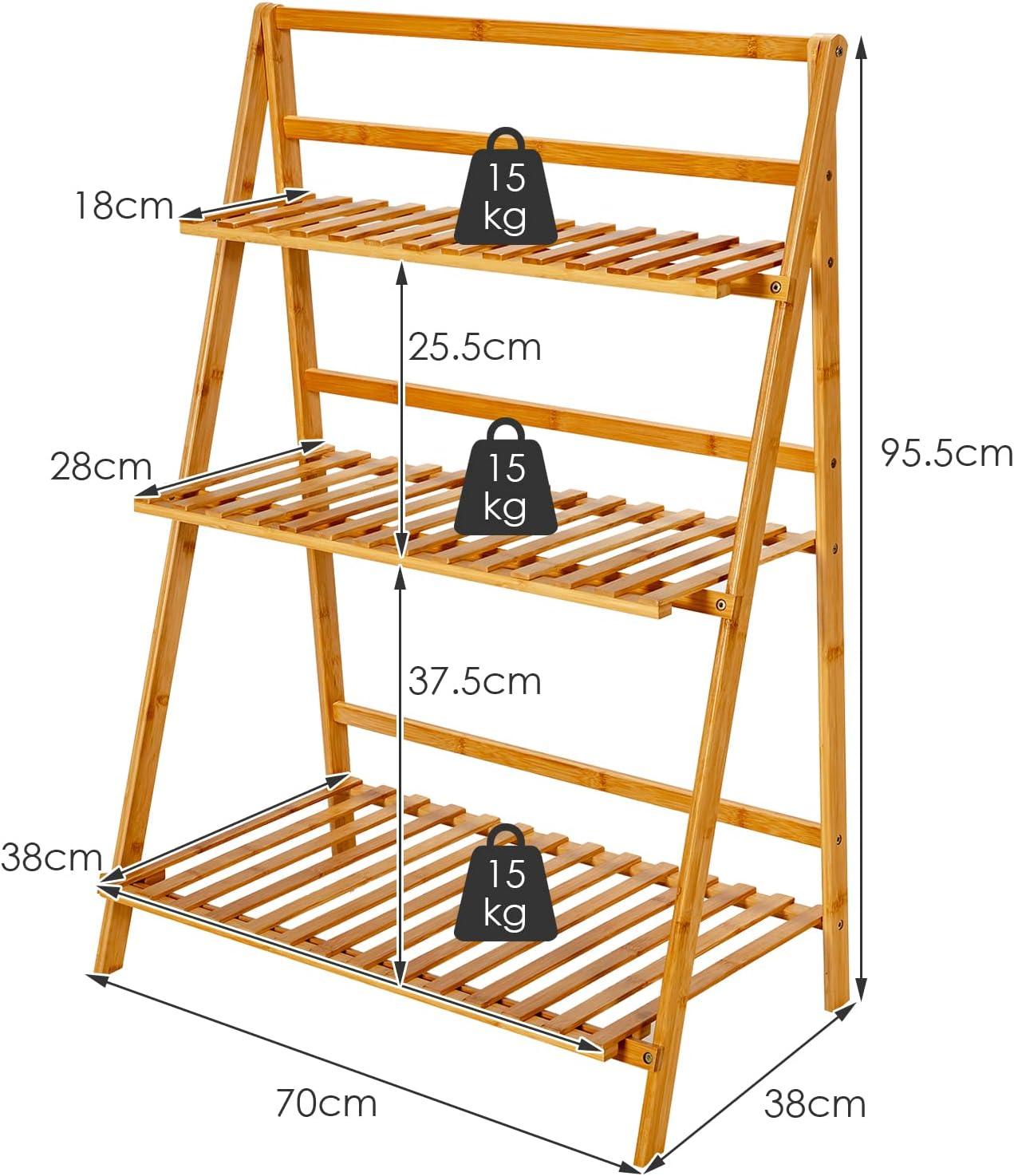 Costway Bamboo Ladder Plant Stand 3-Tier Foldable Flower Pot Display Shelf Rack Natural