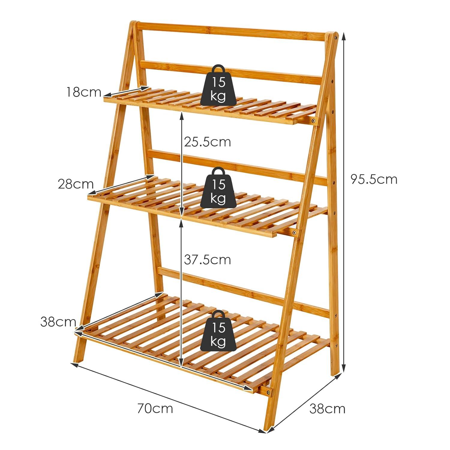 Costway Bamboo Ladder Plant Stand 3-Tier Foldable Flower Pot Display Shelf Rack Natural