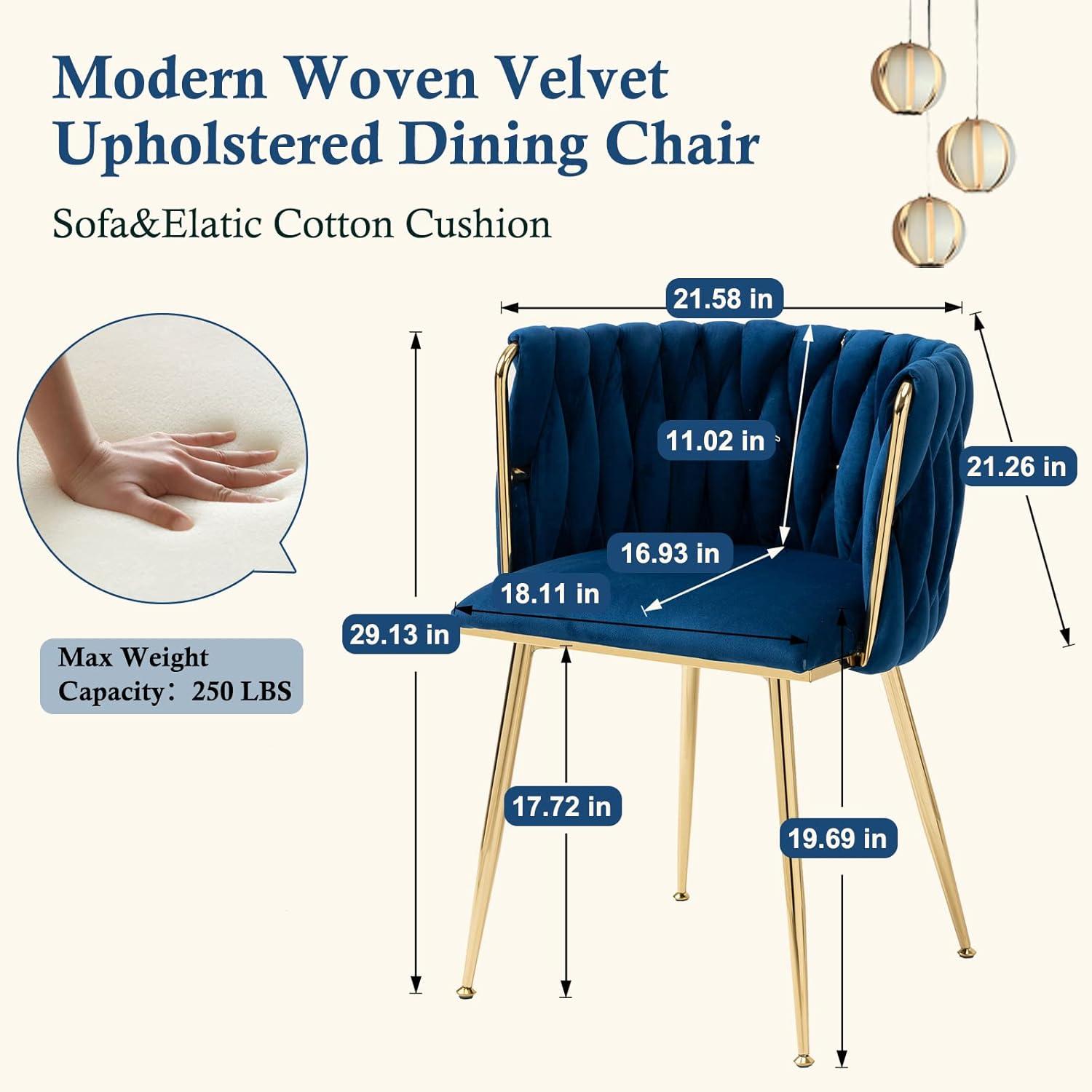 Mercer41 Dining Chairs Set of 2, Woven Upholstered Dining Chairs with Gold Metal Legs(Navy Velvet)