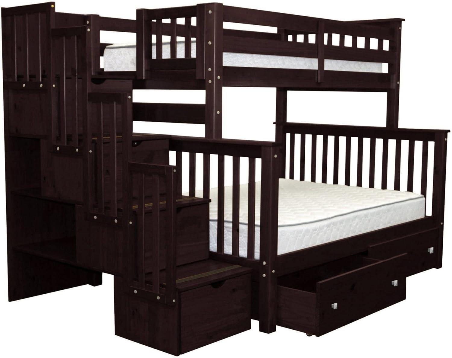 Bedz King Stairway Bunk Beds Twin over Full with 4 Drawers in the Steps and 2 Under Bed Drawers, Dark Cherry