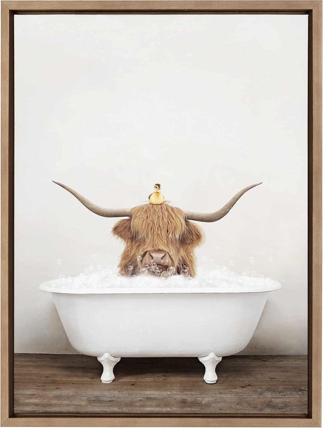 Kate and Laurel Sylvie Highland Cow and Duckling in Rustic Bath Framed Canvas by Amy Peterson Art Studio