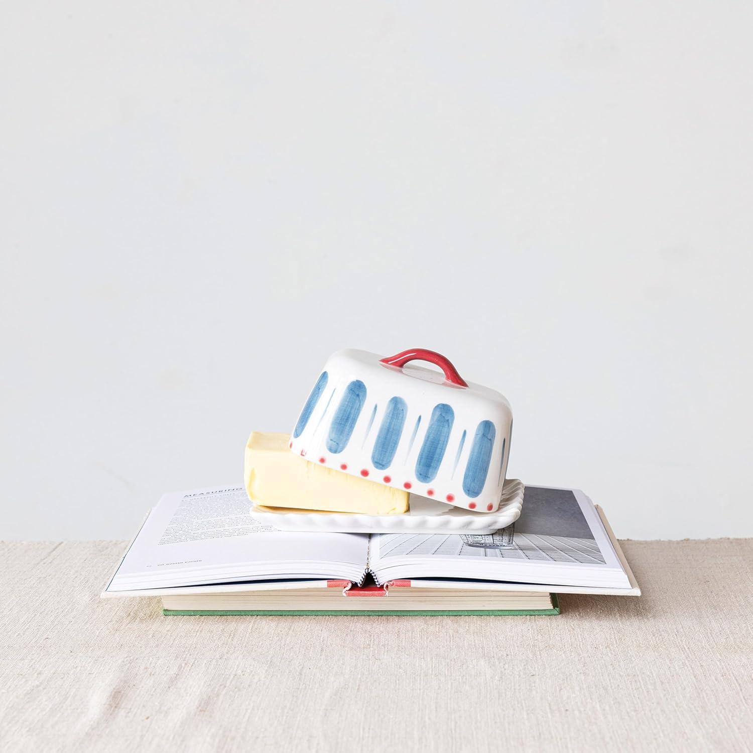 Hand-Painted Stoneware Butter Dish with Scalloped Edge