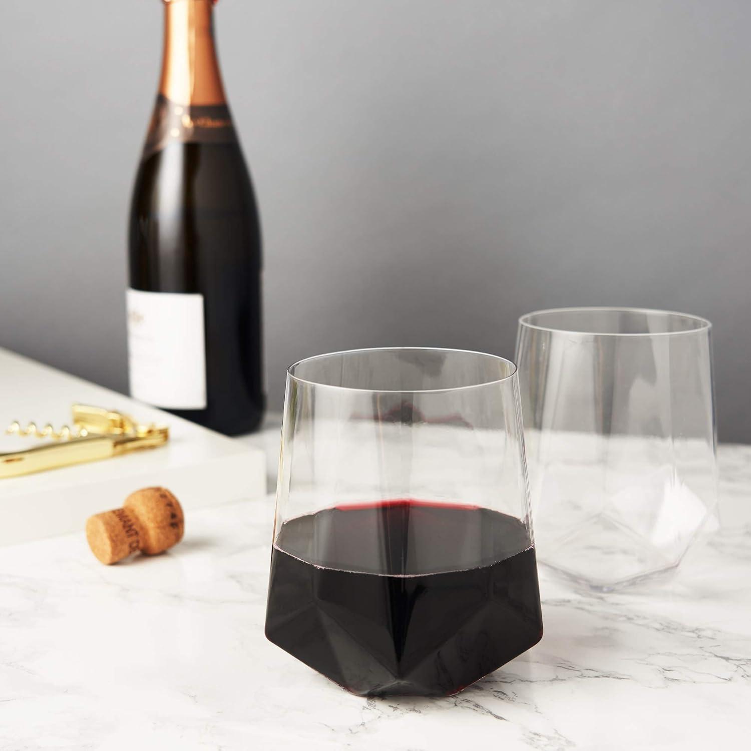 Viski Raye Faceted Crystal Wine Glasses Set of 2 - Premium Crystal Clear Glass, Modern Stemless, Wine Glass Gift Set, 20 oz