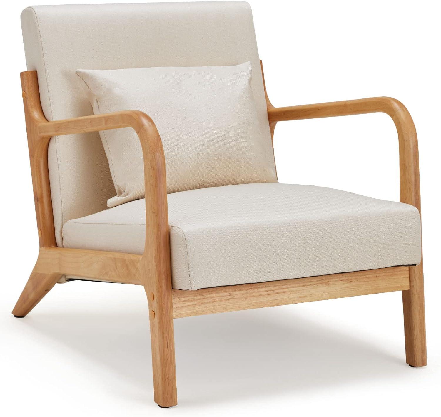 Jomeed Oak Wood Frame and Linen Upholstery Mid Century Modern Accent and Leisure Chair - Beige