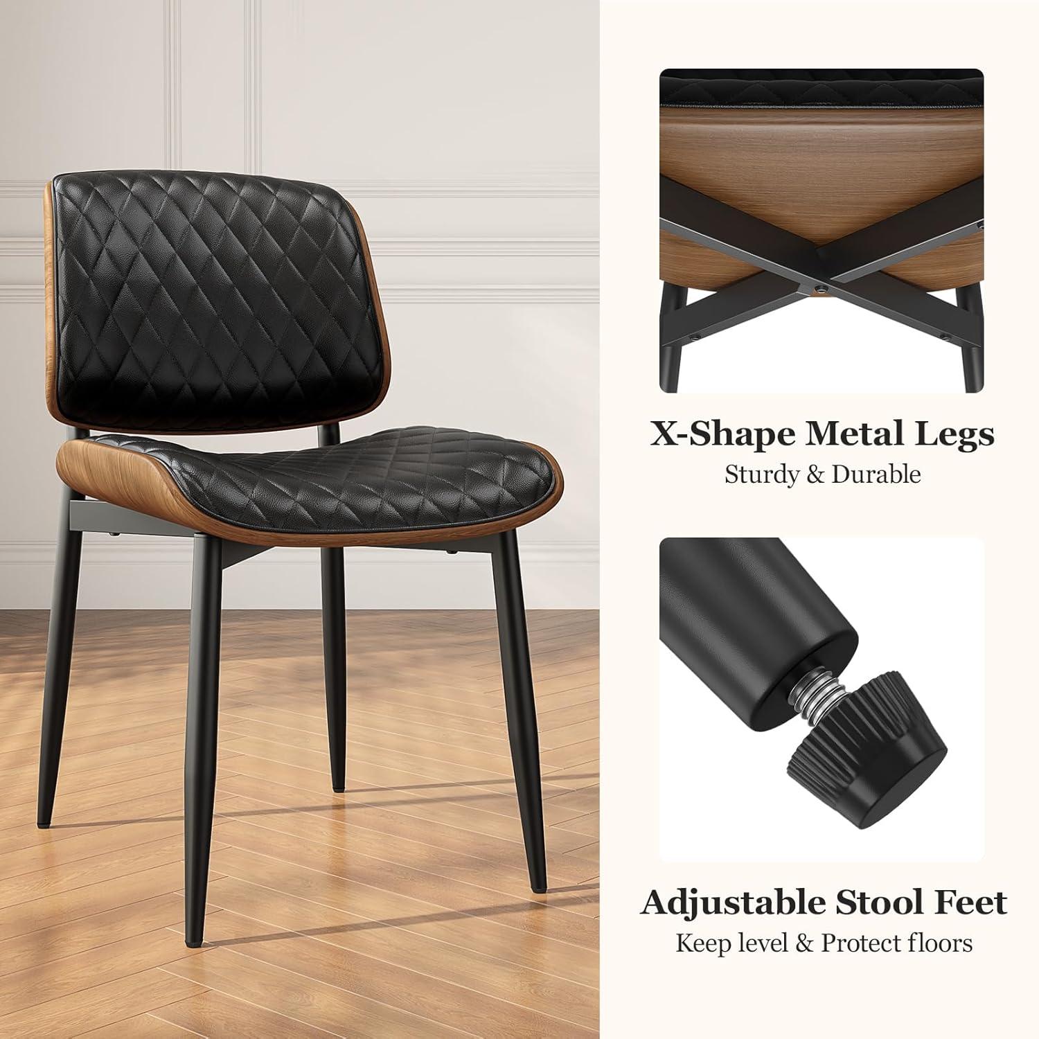 Dining Chairs Set of 2, Mid Century Modern Retro Faux Leather Chair with Walnut Bentwood Back, Upholstered Seat Metal Legs & Adjustable Foot for Kitchen Dining Room Chairs(Black PU)