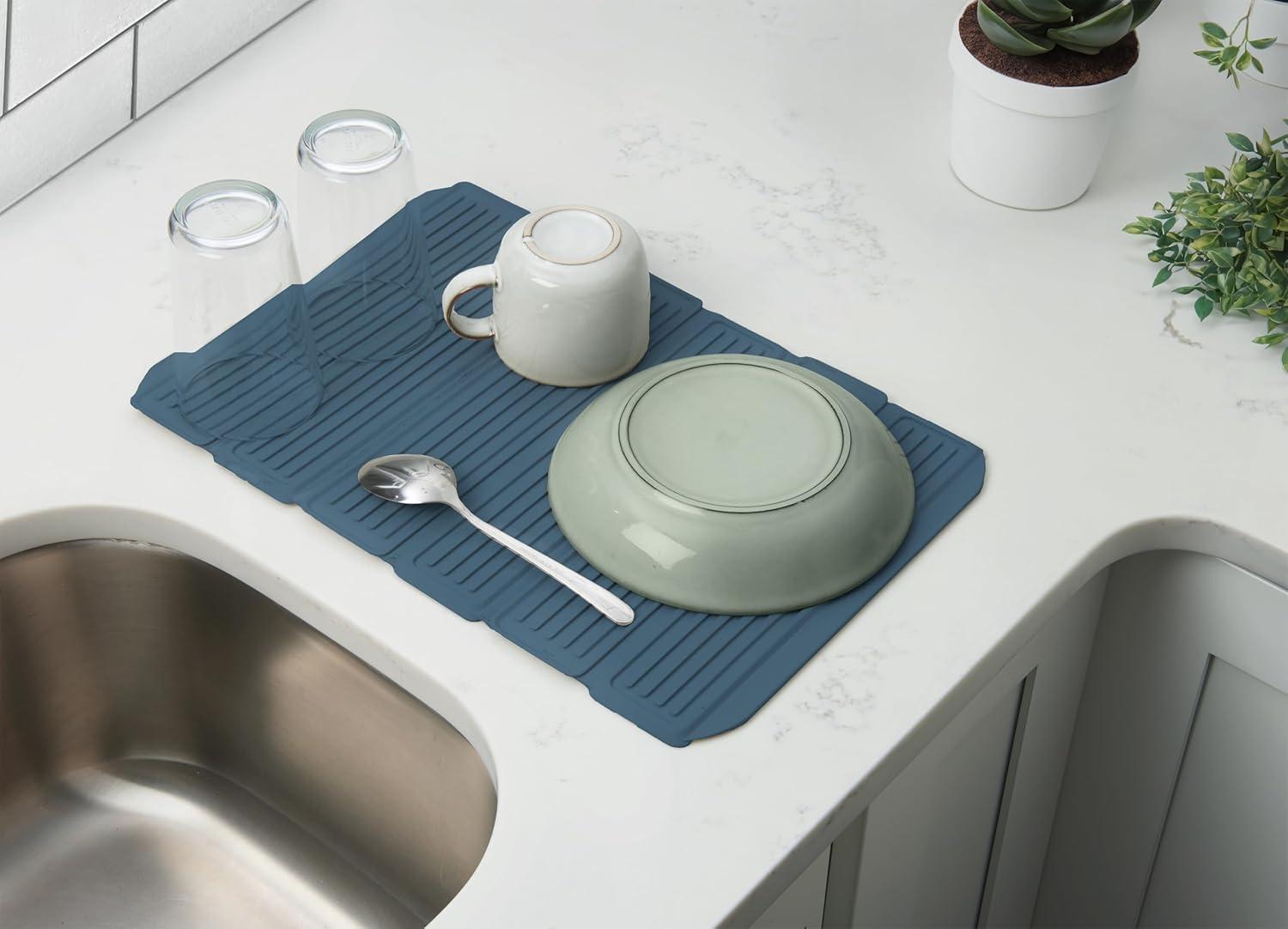 Clorox KeptClean Interlocking Non-Slip Dish Drying Mat – Flexible, Foldable, Durable, Quick-Dry Mat, Interlocking Panels for Various Drying Elevations, Folds Compact for Storage - Steel Blue