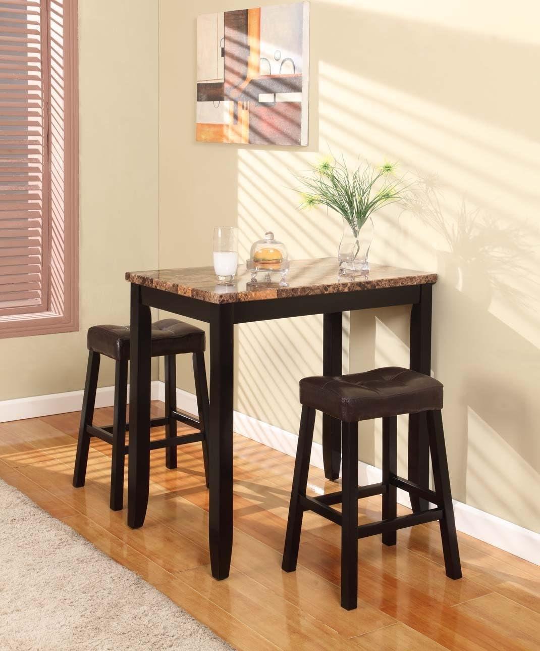 Roundhill Furniture 3Pc Counter Glossy Print Marble Breakfast Table Set Espresso