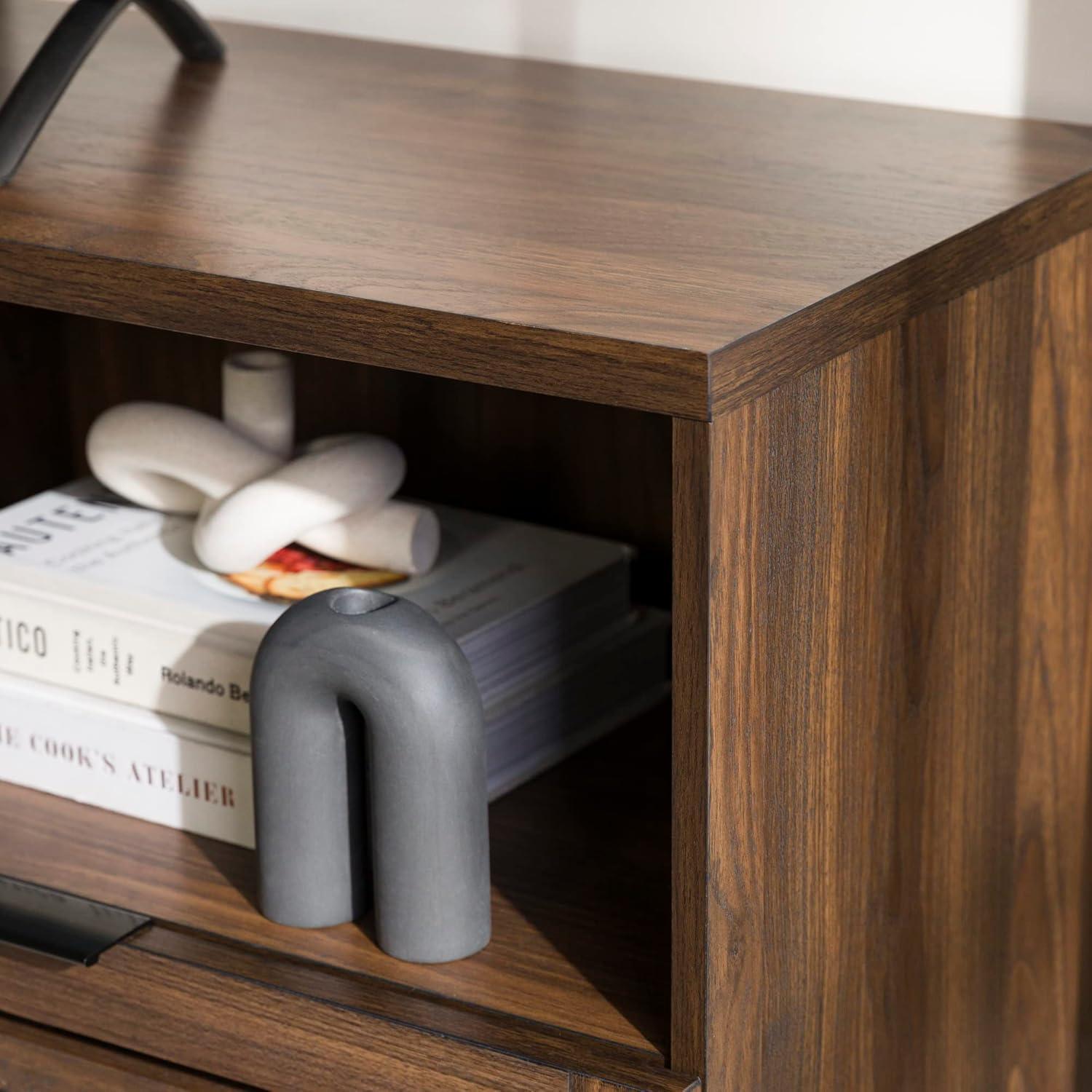 70-Inch Dark Walnut Slatted Wood TV Stand with Cabinets