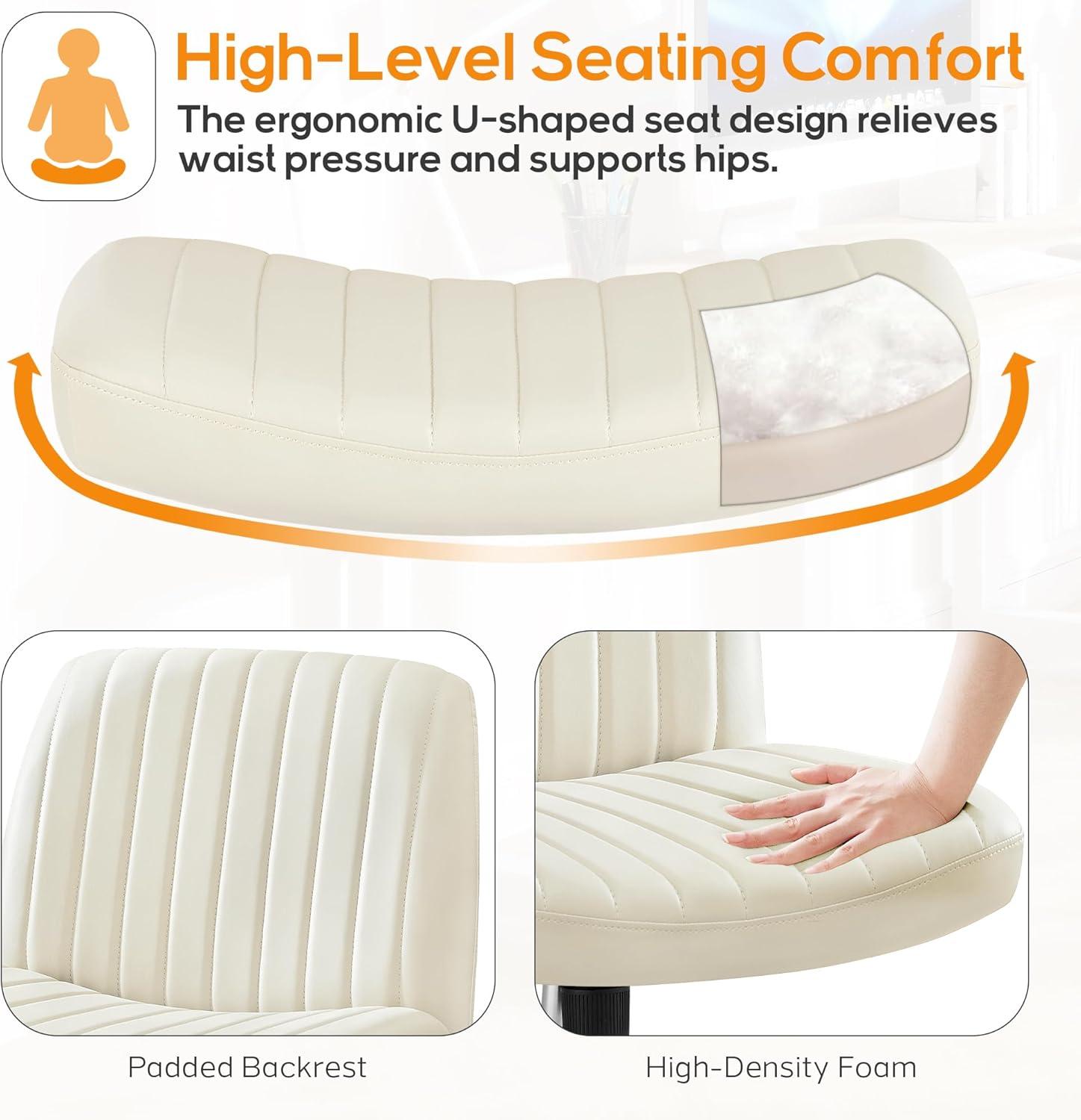 Criss Cross Chair, Cross Legged Office Chair, Wide Comfort Desk Chair, No Wheels Armless Computer Task Chair, Swivel Leather Vanity Home Chair, Height Adjustable