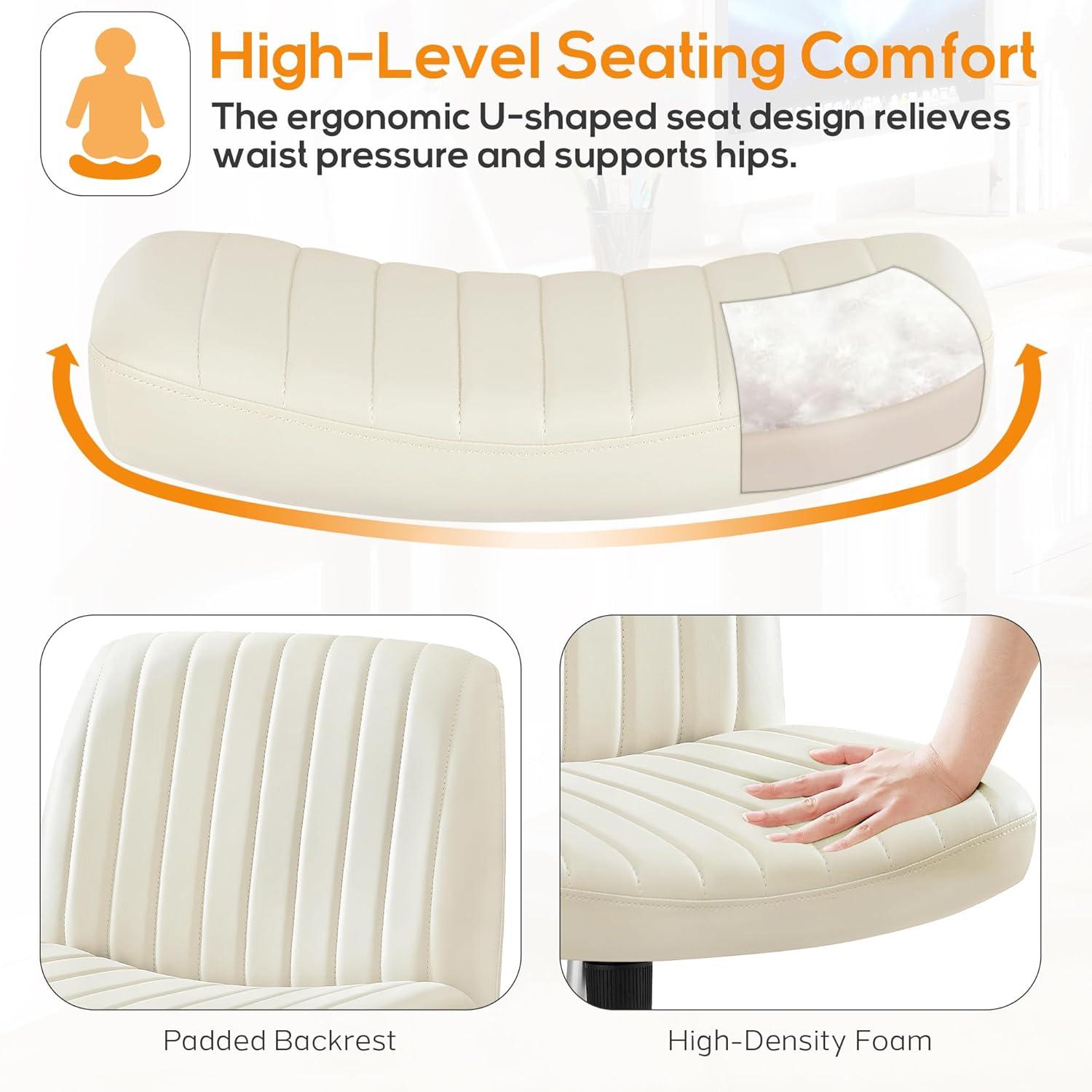 Criss Cross Chair, Cross Legged Office Chair, Wide Comfort Desk Chair, No Wheels Armless Computer Task Chair, Swivel Leather Vanity Home Chair, Height Adjustable