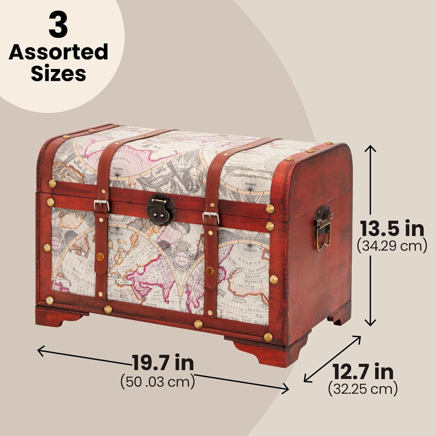 Juvale Set of 3 Small Wooden Storage Trunks and Chests, Living Room Décor Suitcases with Antique Map Print for Jewelry, 3 Sizes