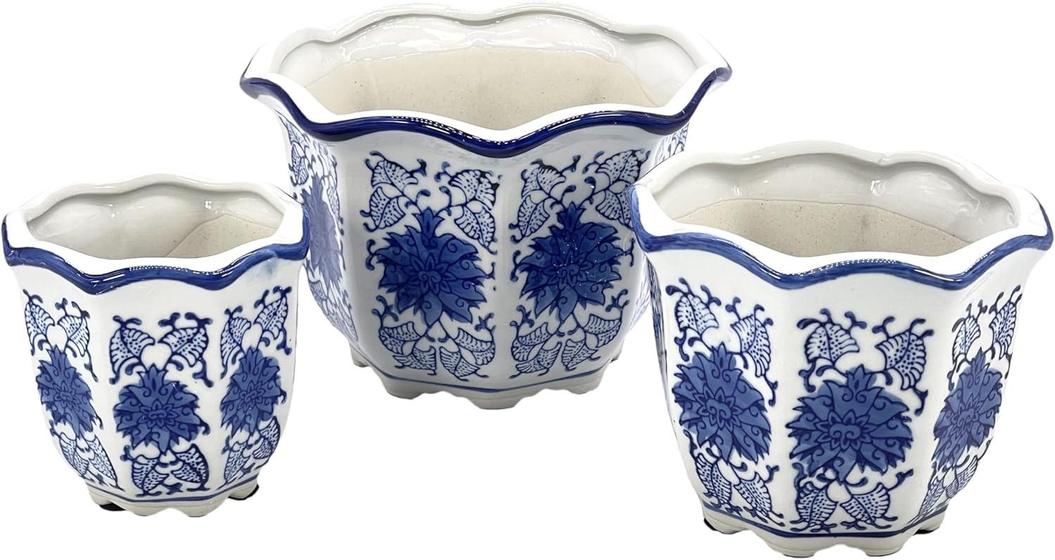 Set of 3 Blue and White Ceramic Floral Planter Pots