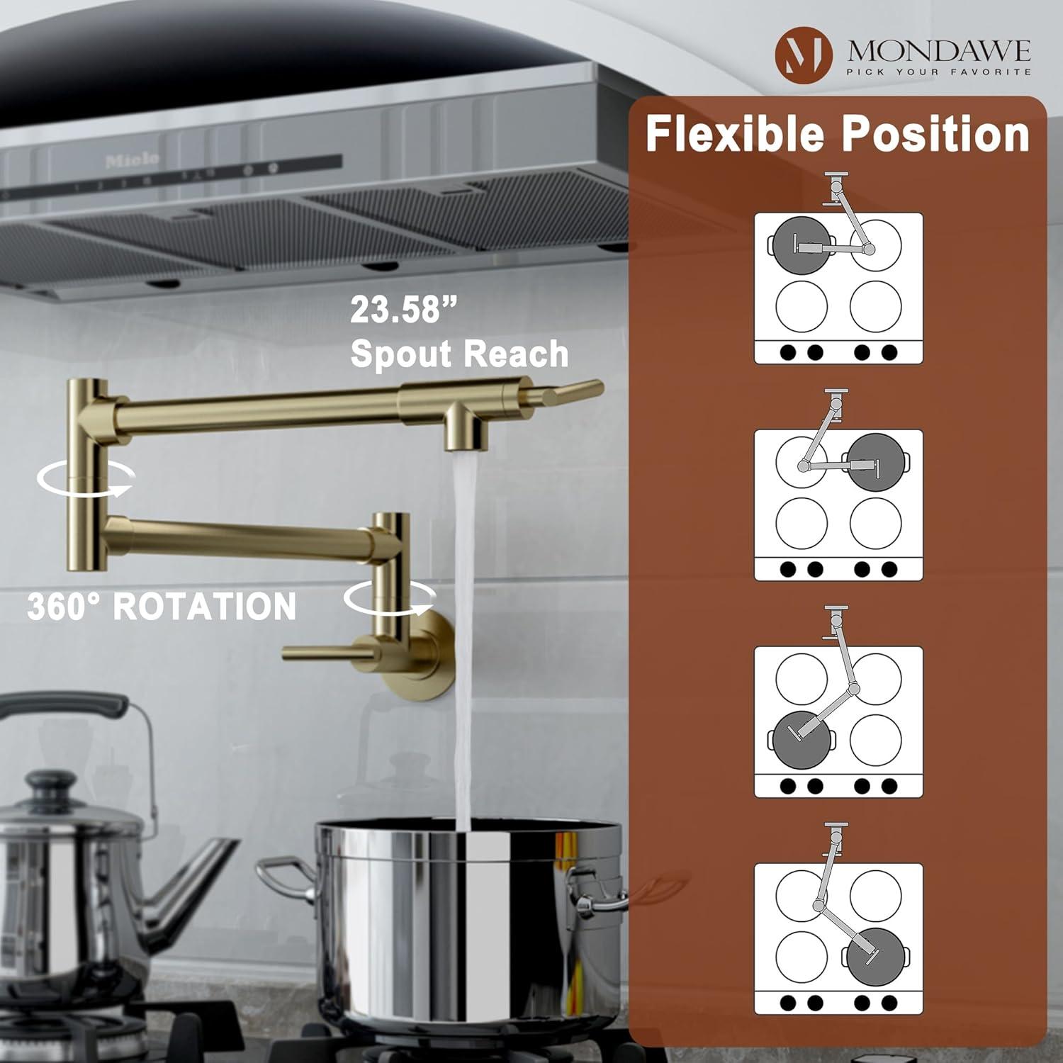Pot Filler Faucet Wall Mount Kitchen Sink Faucet Stove Pot Filling Faucet with Double Joint Swing Arms Folding Faucet, Solid Brass Material, Lead-Free, Single Hole, Brushed Gold