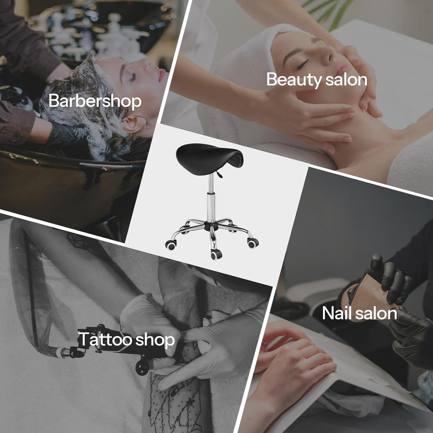 Adjustable Rolling Saddle Stool PU Leather Rolling Stool Salon Chair with Wheels Black