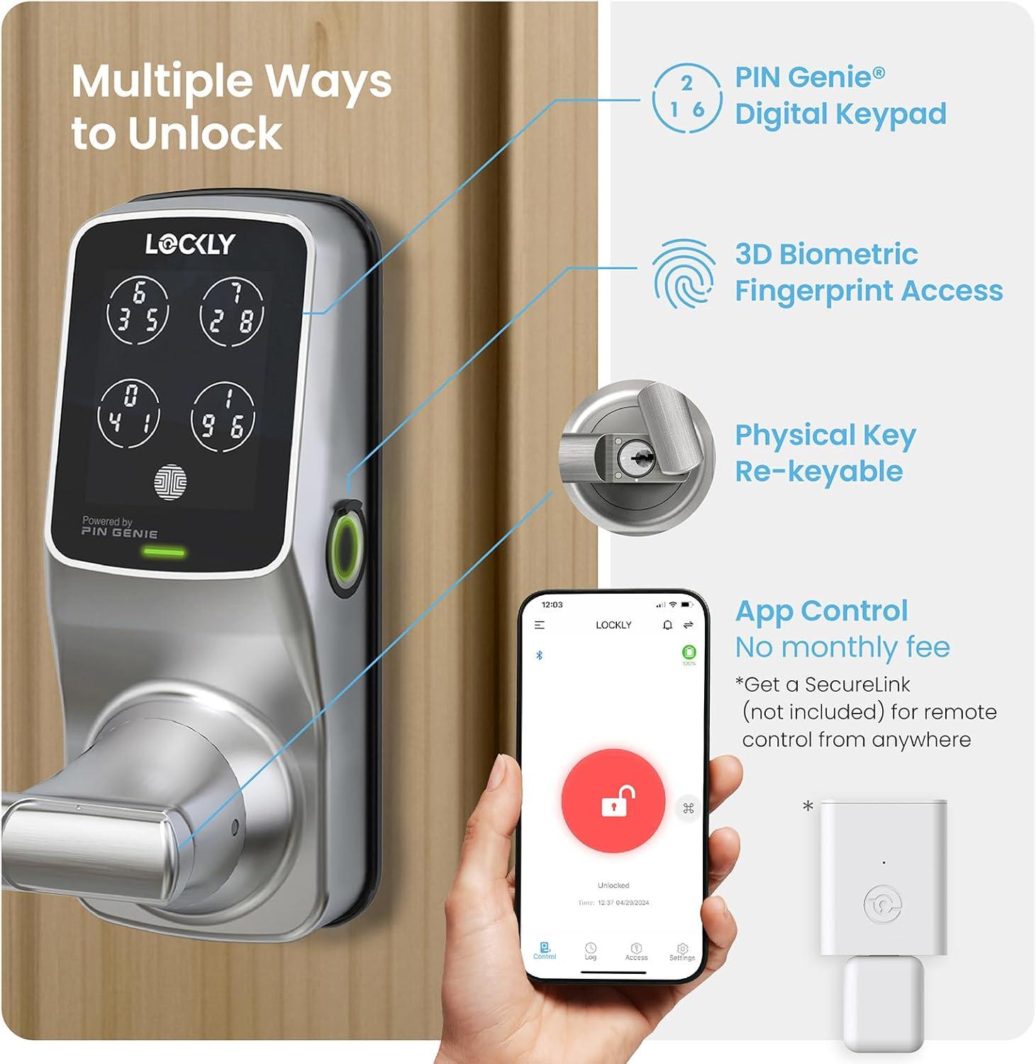 Lockly Secure Plus Bluetooth Smart Door Lock, Keyless Entry with PIN Genie® Digital Keypad, 3D Biometric Fingerprint Sensor Front Door Lock with Handle, Voice Control & Auto Lock - Latch Edition