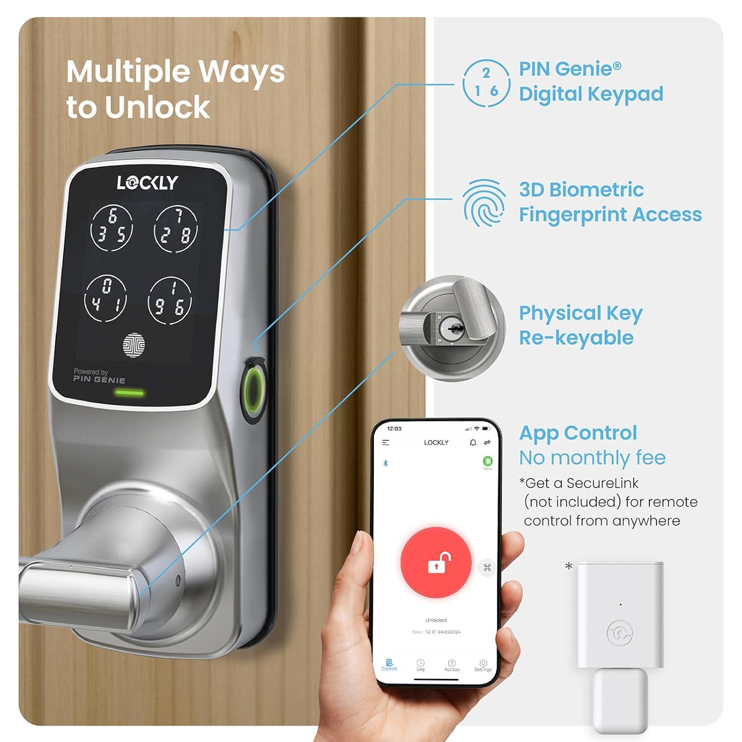 Lockly Secure Plus Bluetooth Smart Door Lock, Keyless Entry with PIN Genie® Digital Keypad, 3D Biometric Fingerprint Sensor Front Door Lock with Handle, Voice Control & Auto Lock - Latch Edition