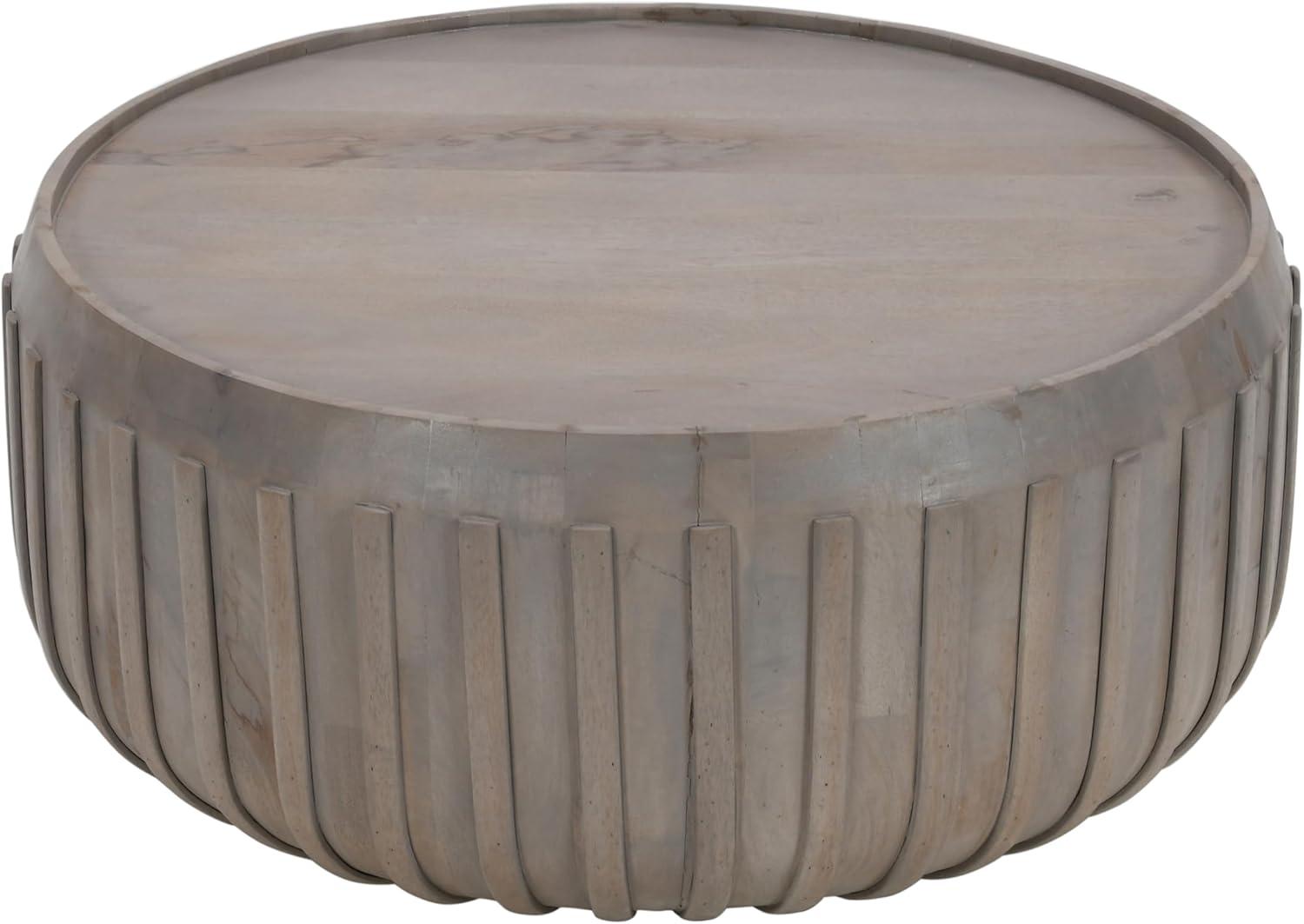 The Urban Port 36" Coffee Table Handcrafted Drum Shape with Ribbed Edges Gray Mango Wood Gray