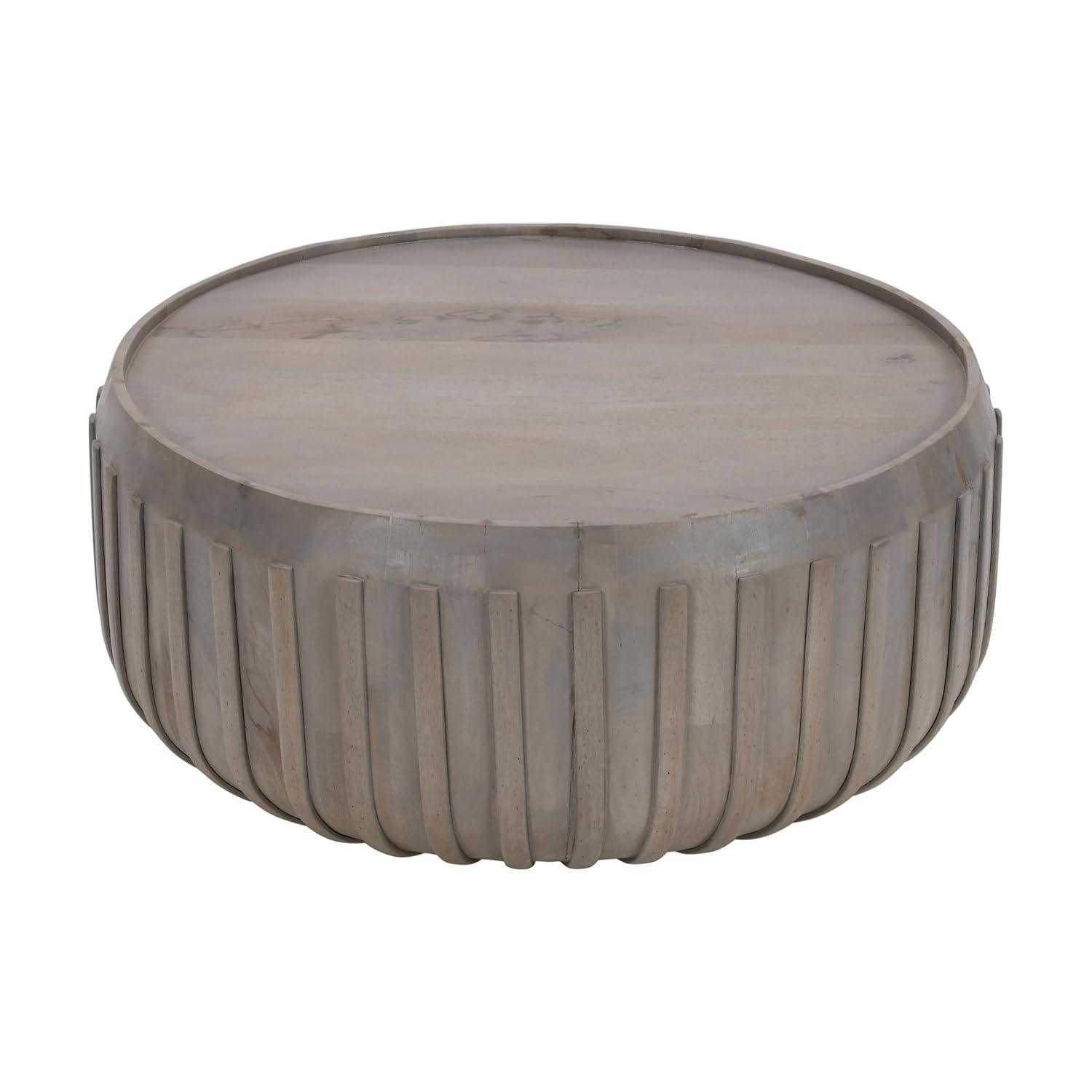 The Urban Port 36" Coffee Table Handcrafted Drum Shape with Ribbed Edges Gray Mango Wood Gray
