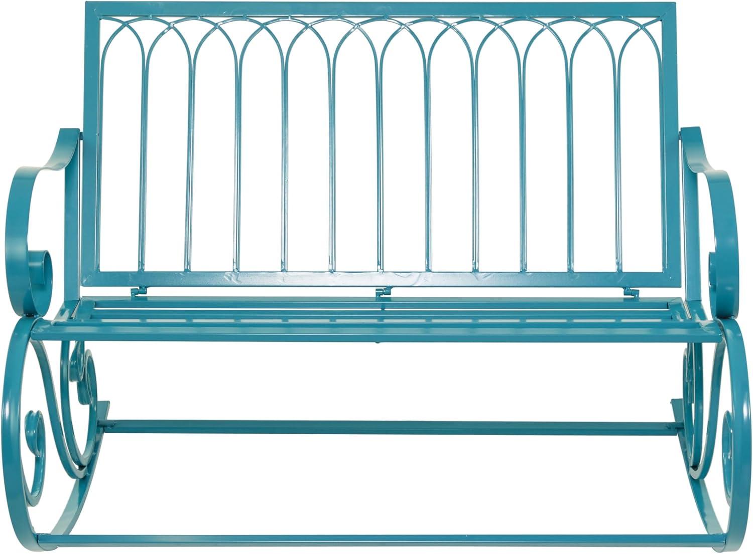 Teal Metal Rocking Outdoor Bench with Scrolled Armrests