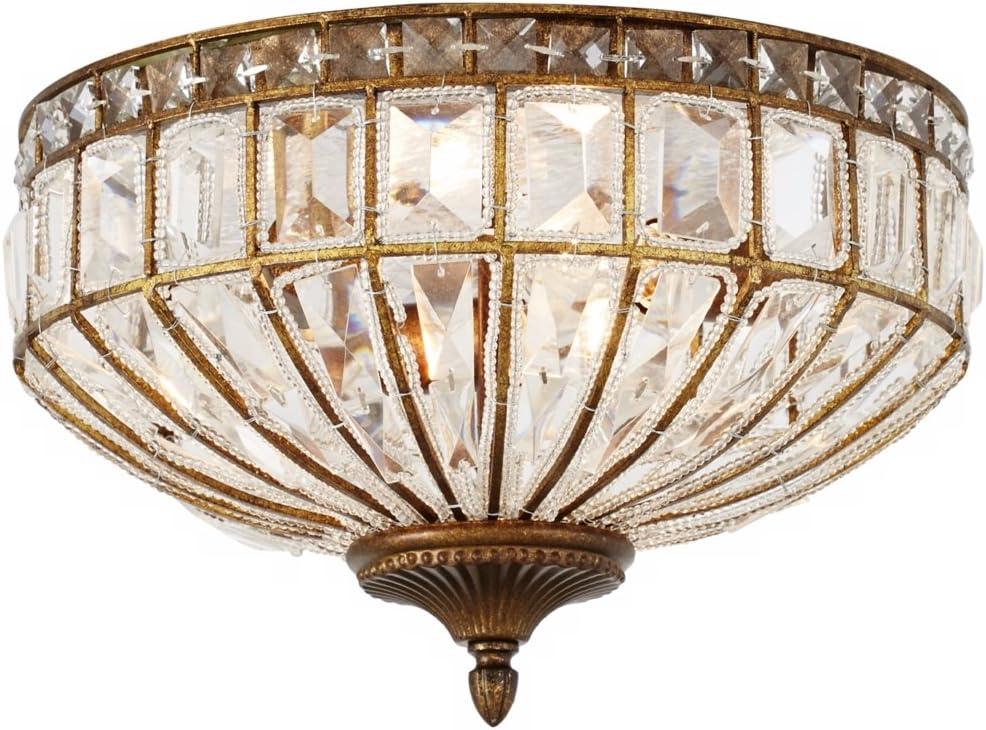 Vienna Full Spectrum Ibeza Vintage Ceiling Light Flush Mount Fixture 15 1/2" Wide Mocha Brown 3-Light Square Cut Crystal for Bedroom Kitchen Hallway